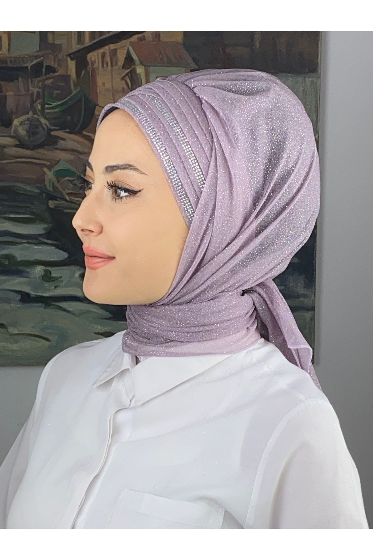 Gümüş Taşlı Drape Detaylı Simli Şal