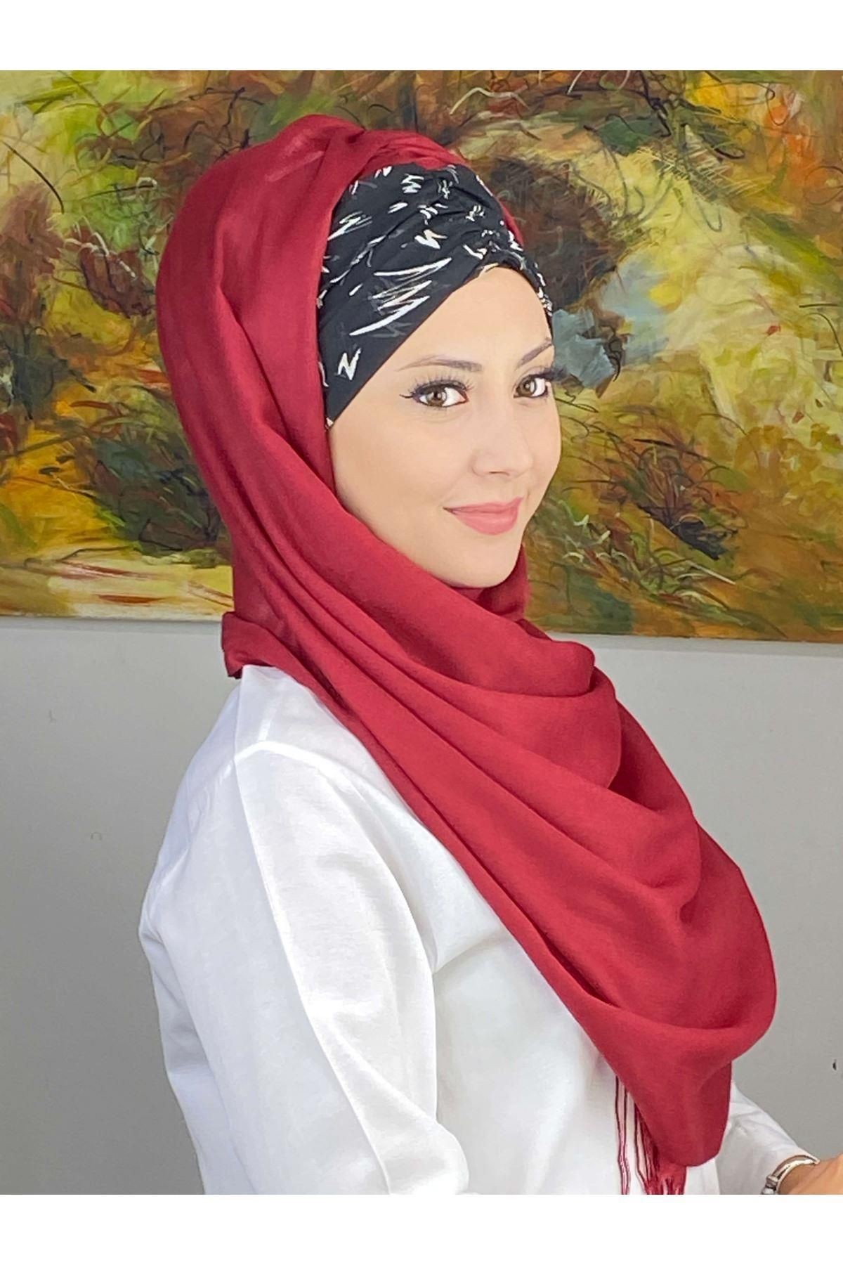 Siyah Beyaz Desenli Bordo Büzgülü Hazır Şal
