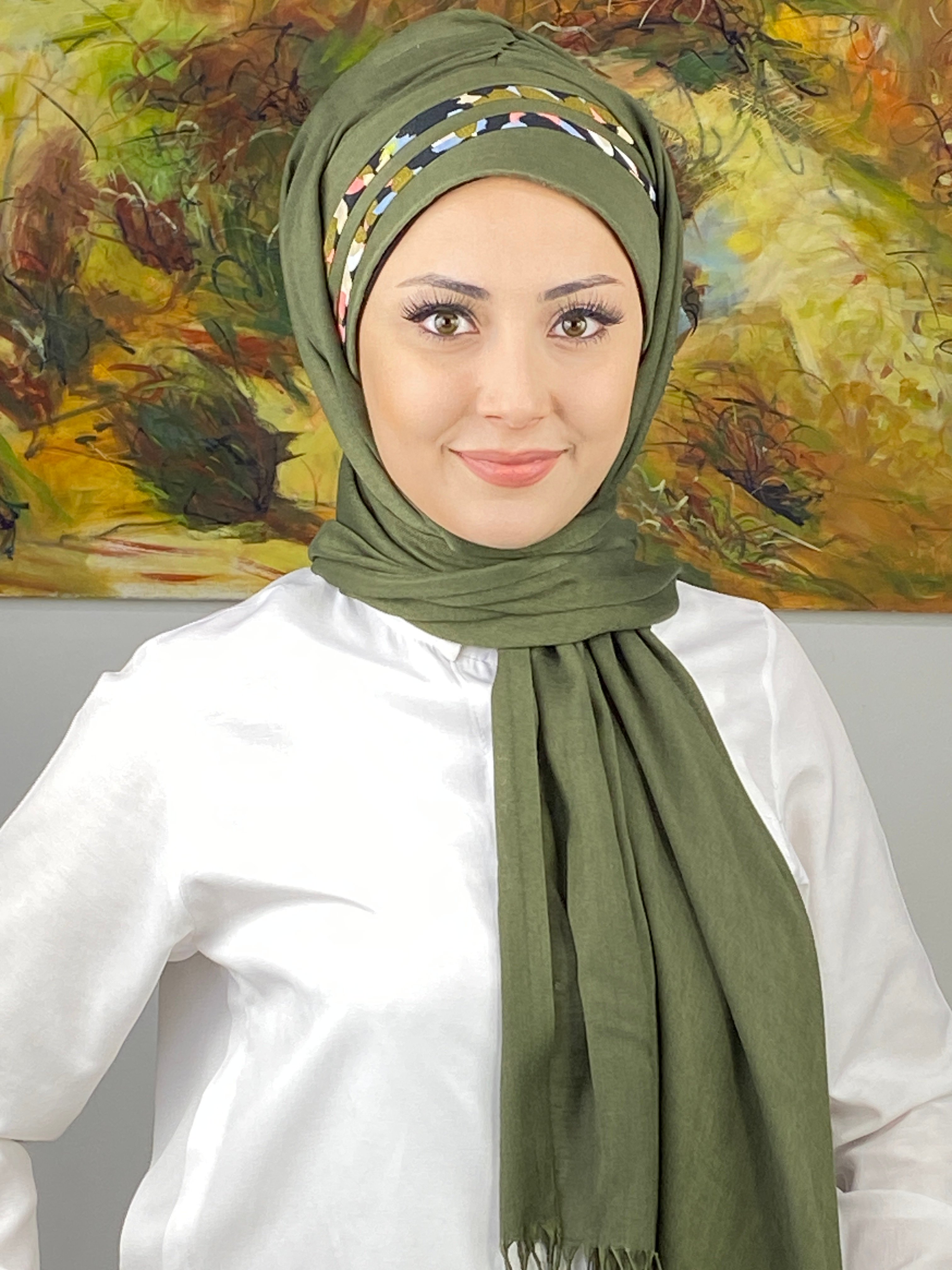 Saray Model Yeşil Çiçek Şeritli Yağ Yeşili Hazır Şal
