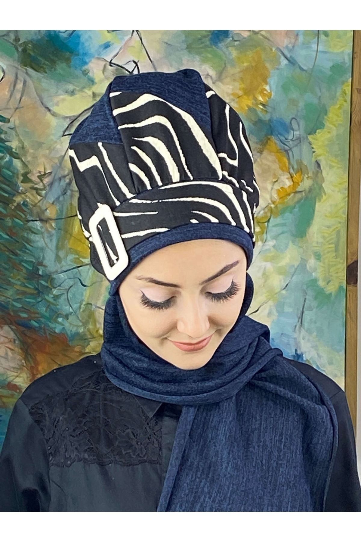 Çarkıfelek Lacivert Triko Zebra Desen Atkılı Tesettür Bere