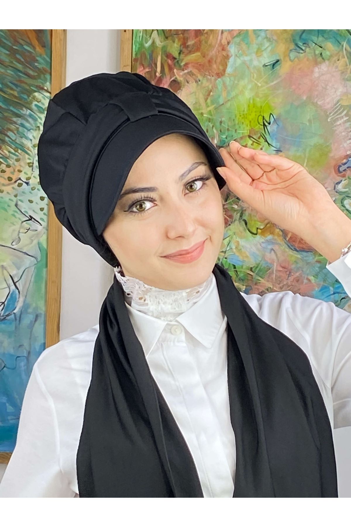 Siyah Krep Fularlı Tek Biritli Şapka