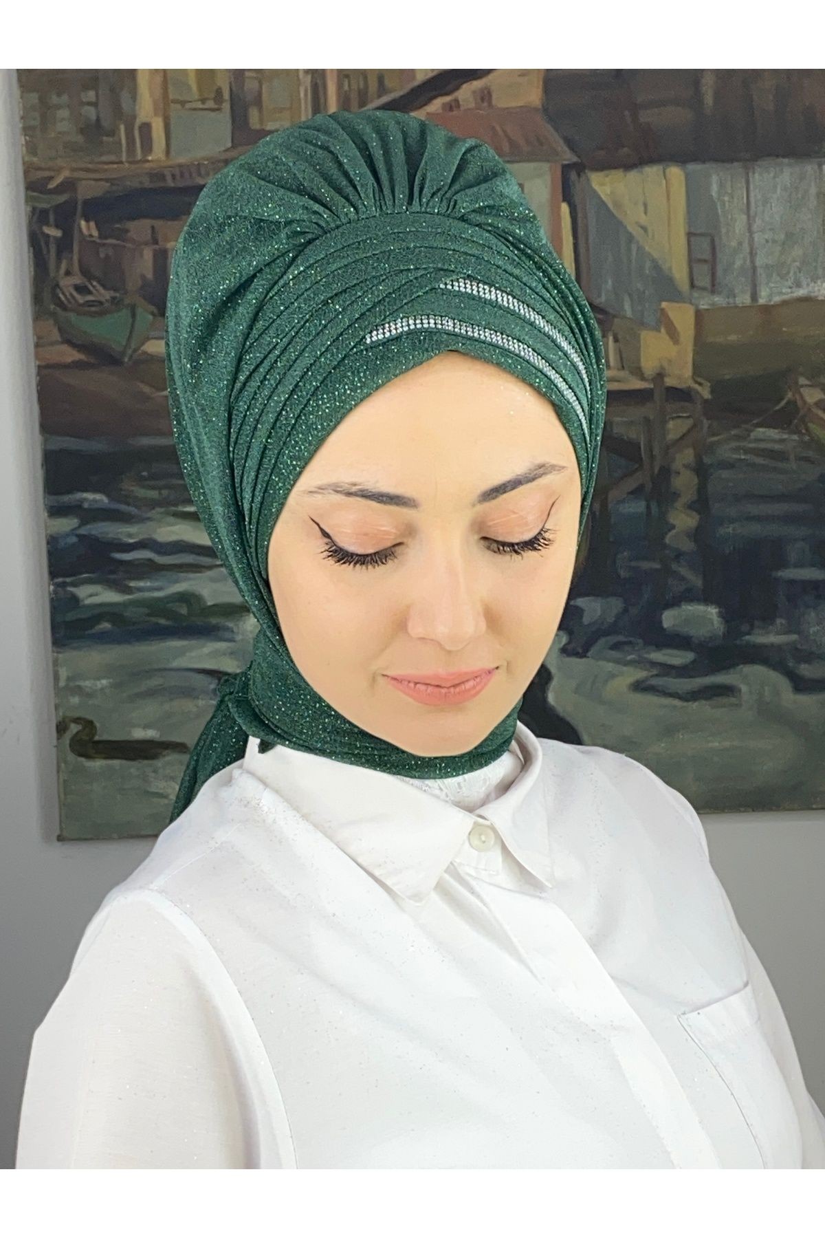 Gümüş Taşlı Drape Detaylı Simli Şal