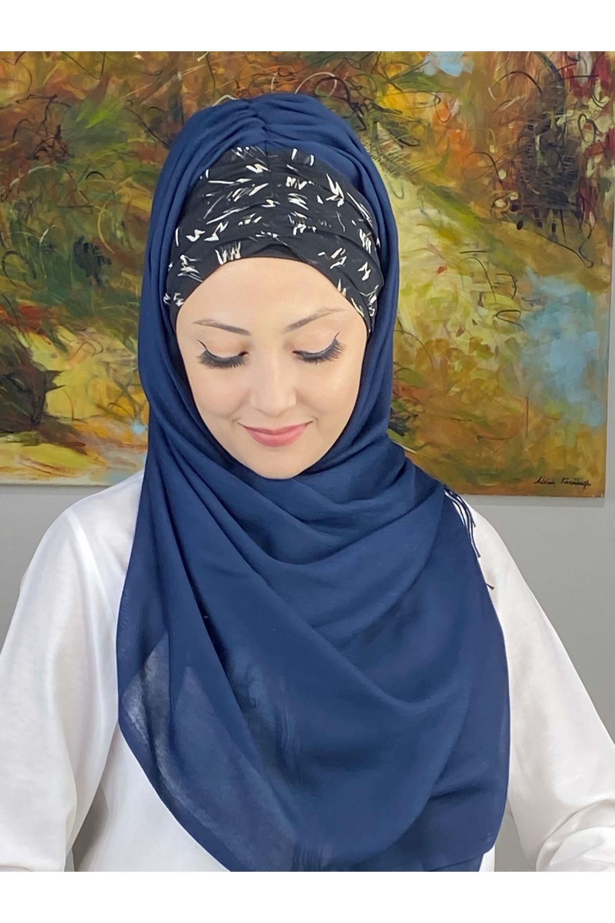 Siyah Beyaz Desenli Lacivert Büzgülü Hazır Şal