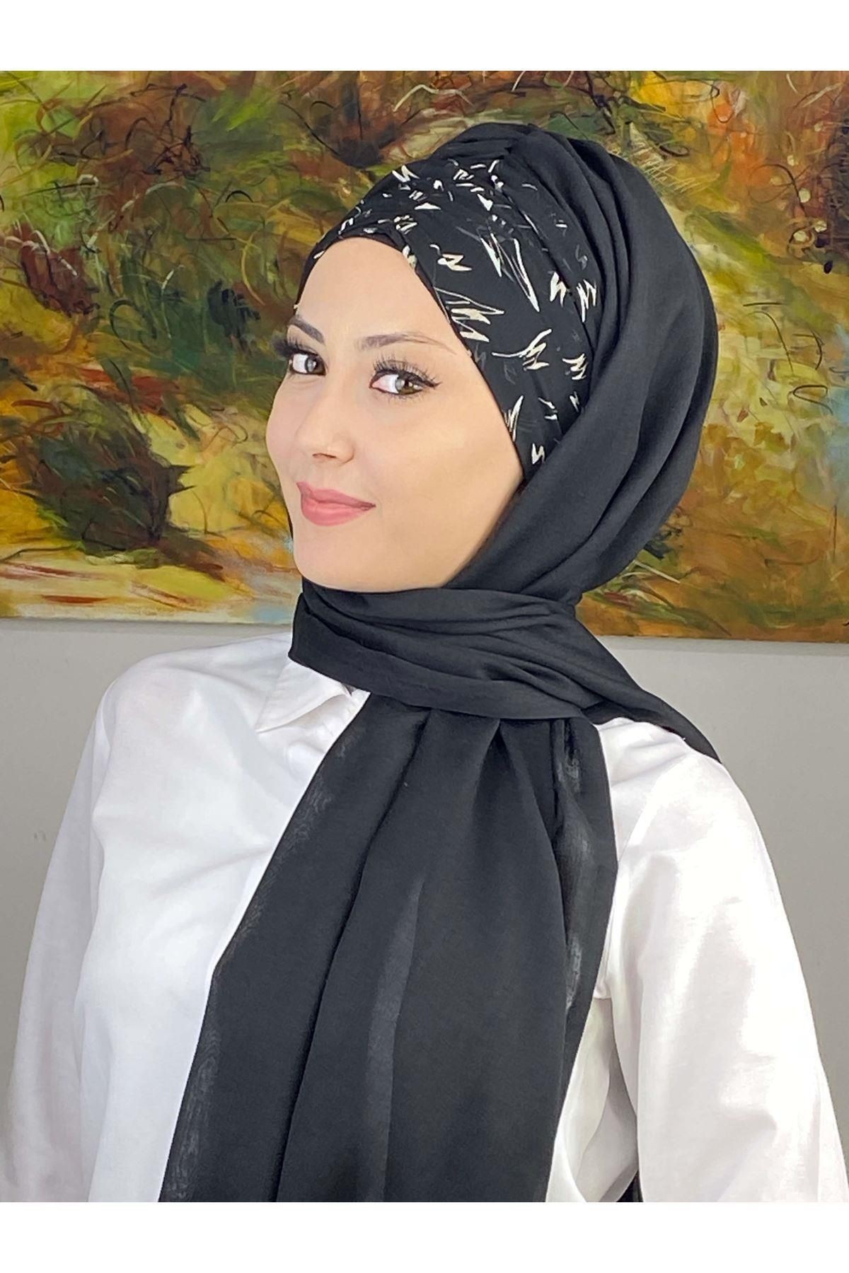 Siyah Beyaz Desenli Siyah Büzgülü Hazır Şal
