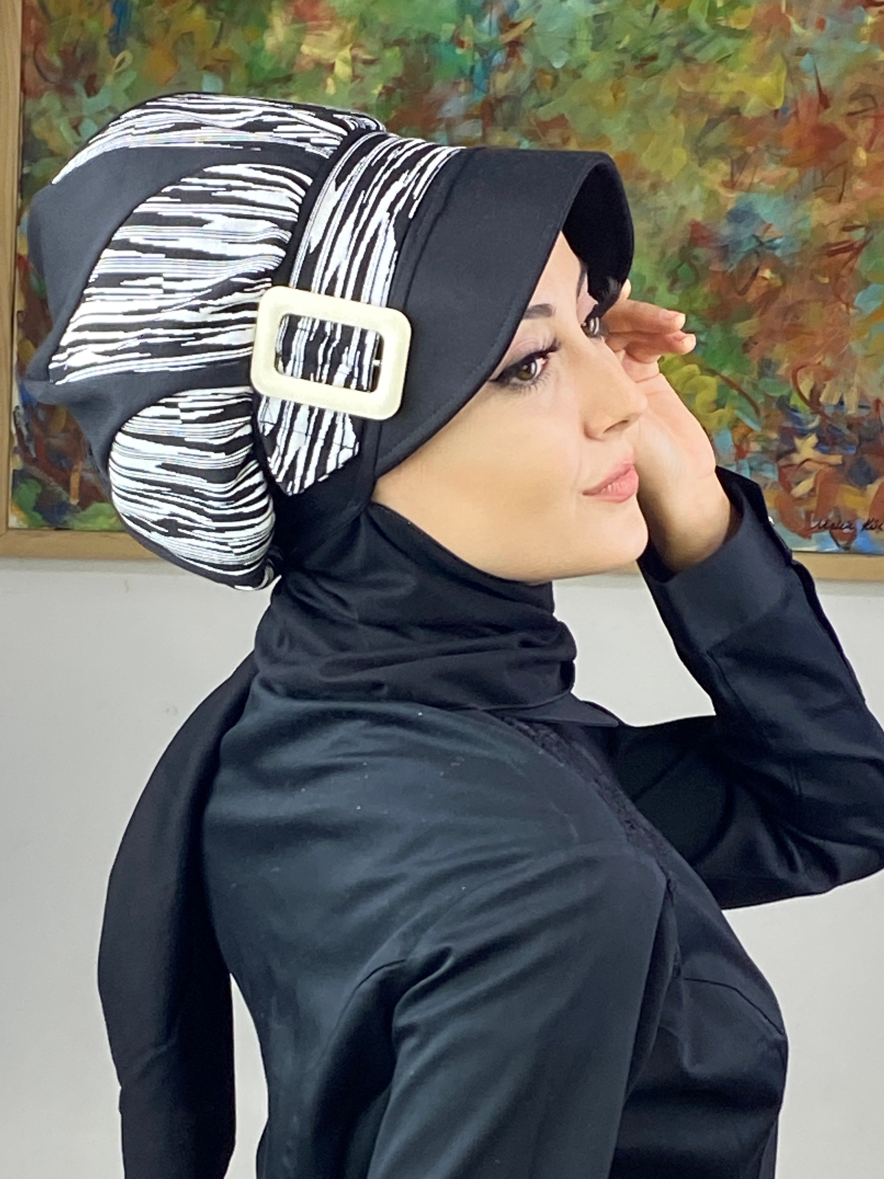 Damla Model Çizgili Haroşalı Tesettür Şapka Şal
