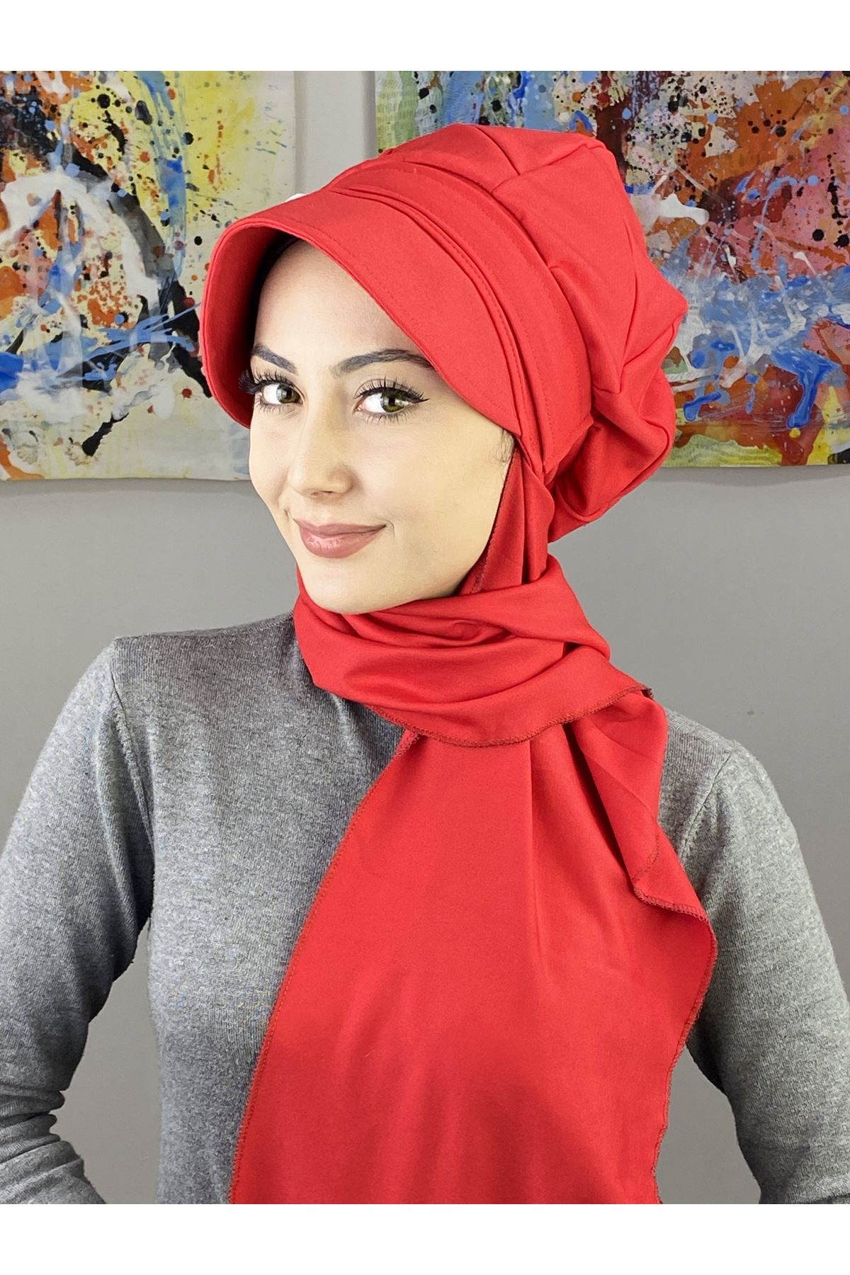 Yuvarlak Tokalı Çarkıfelek Model Kırmızı Atkılı Şapka Şal