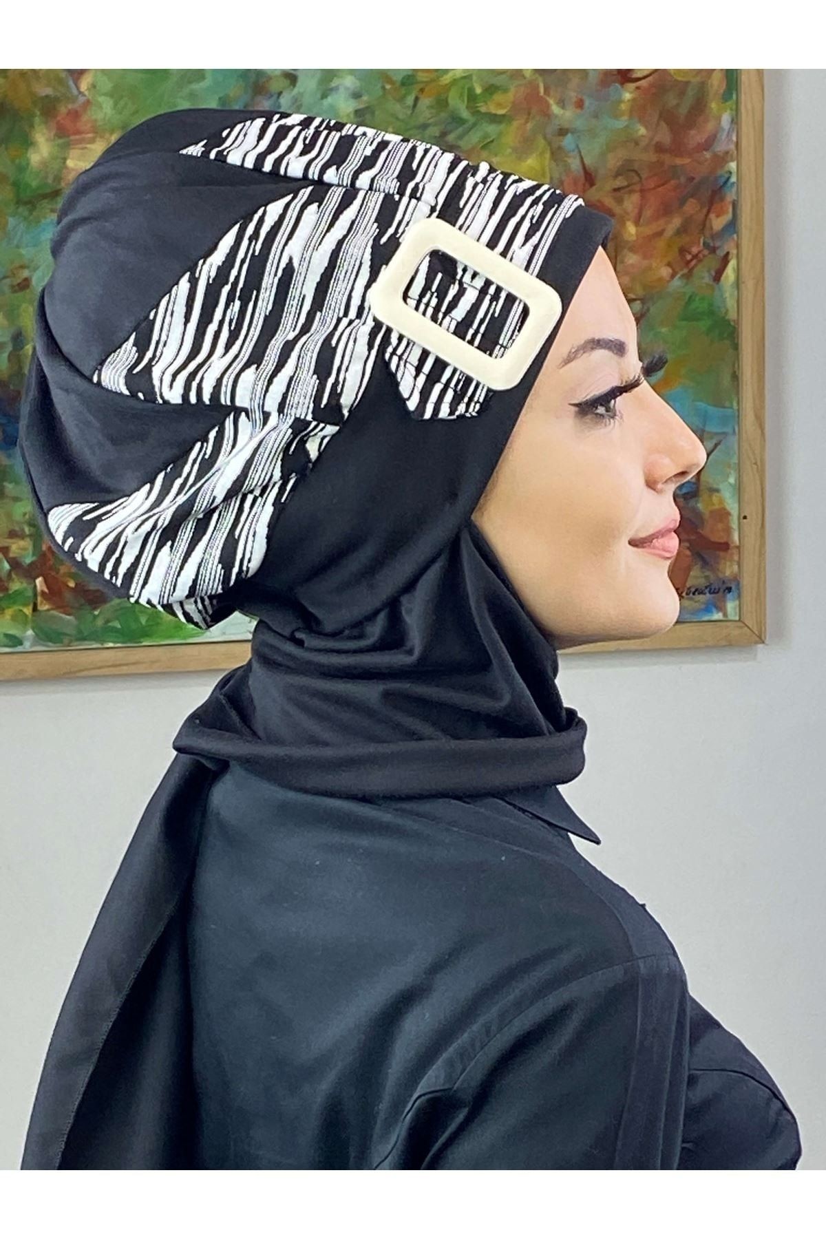 Çarkıfelek Siyah Çizgili Desenli Atkılı Tesettür Bere