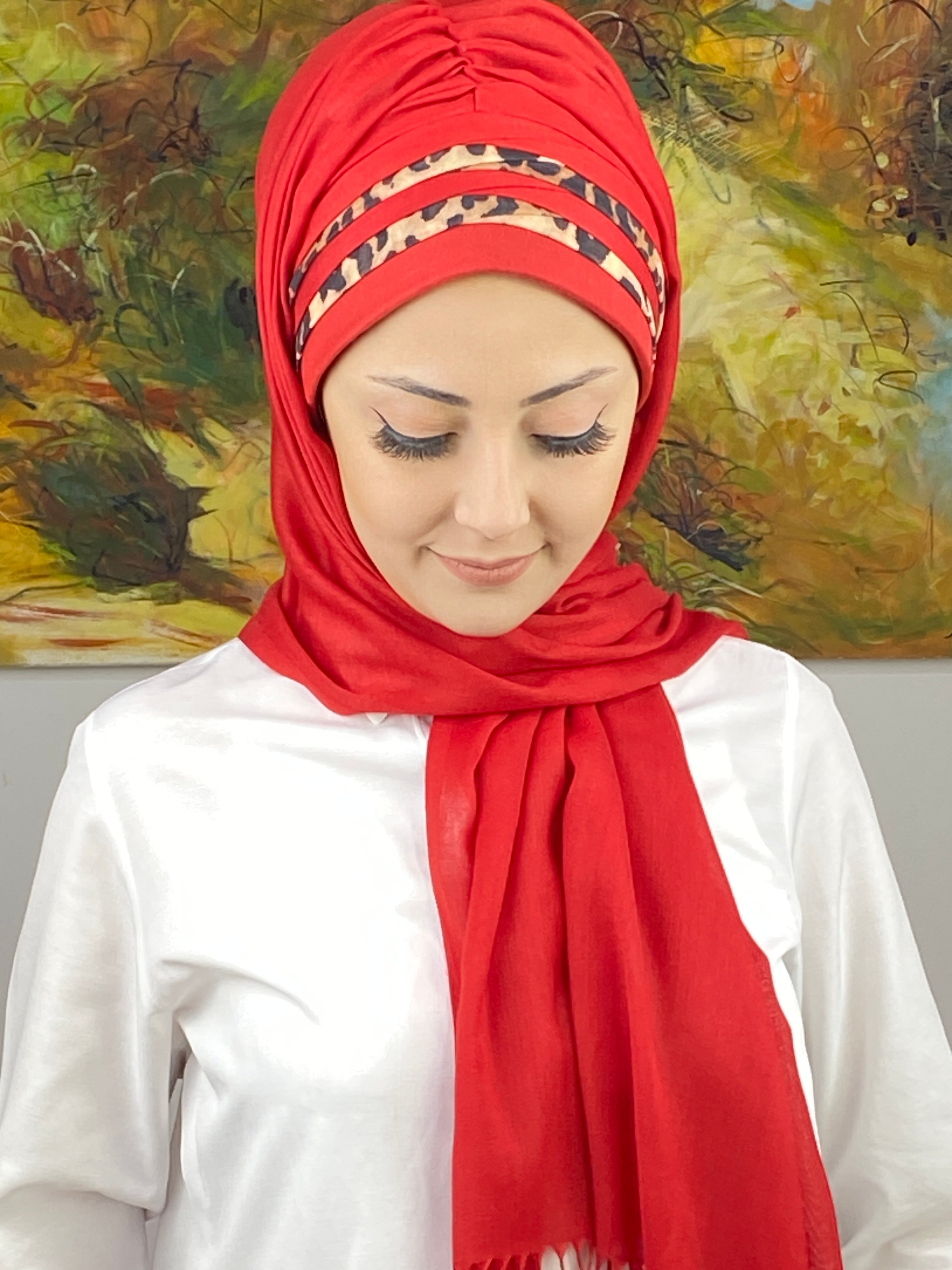 Topkapı Model Leopar Şerit Desenli Kırmızı Hazır Şal