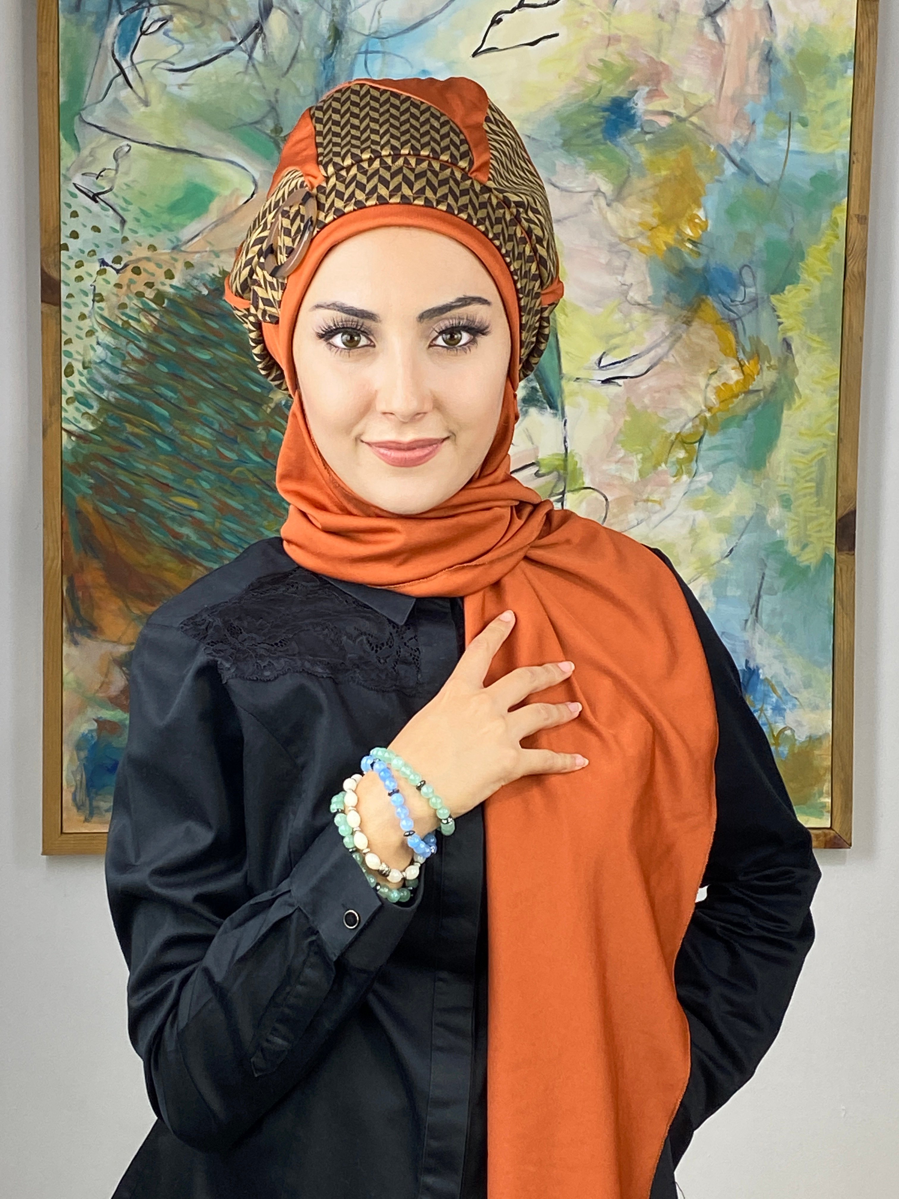 Damla Model Başak Desen Tesettür Bone - turuncu