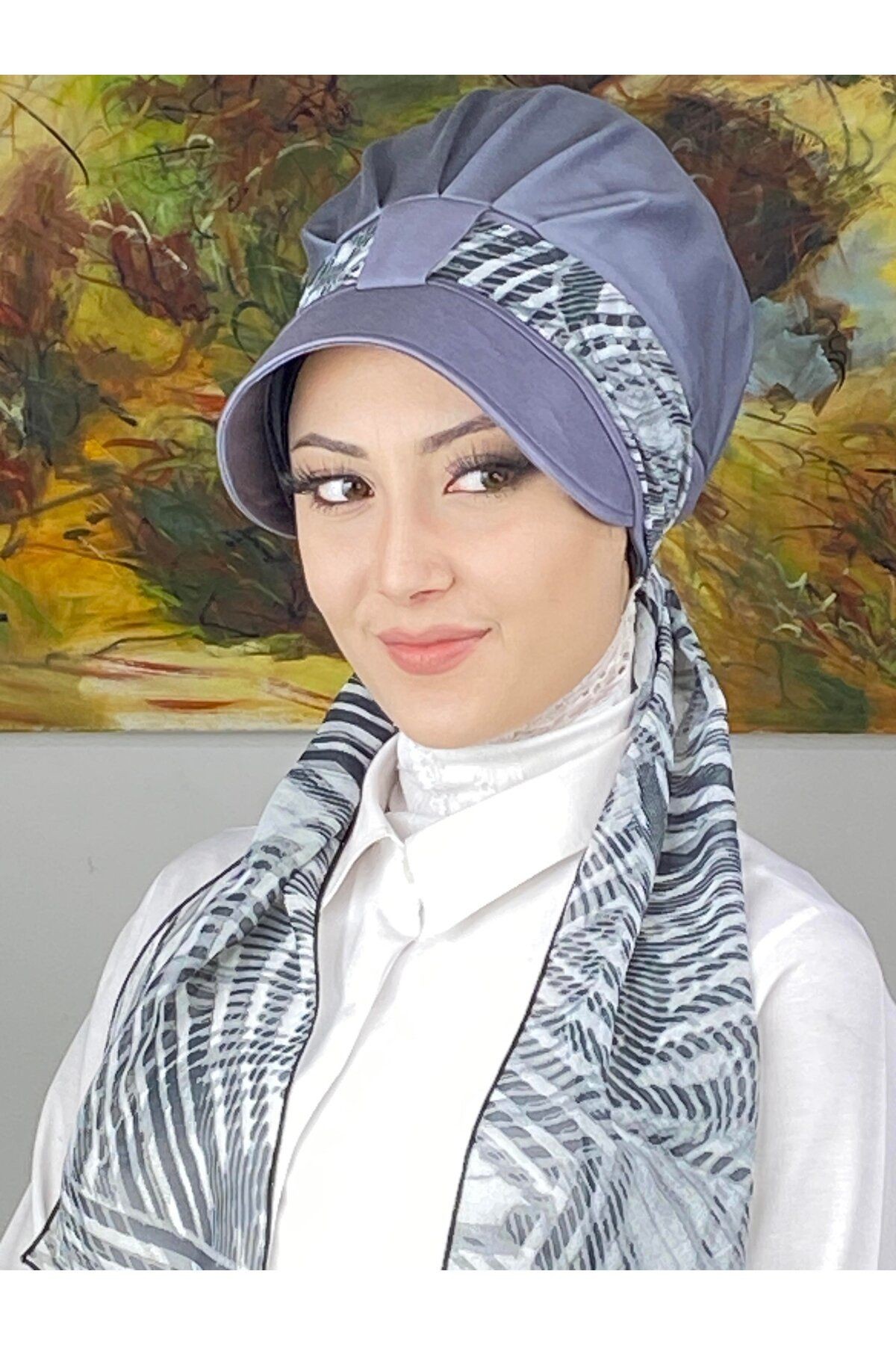 Floral Desenli Tek Biritli Fularlı Şapka