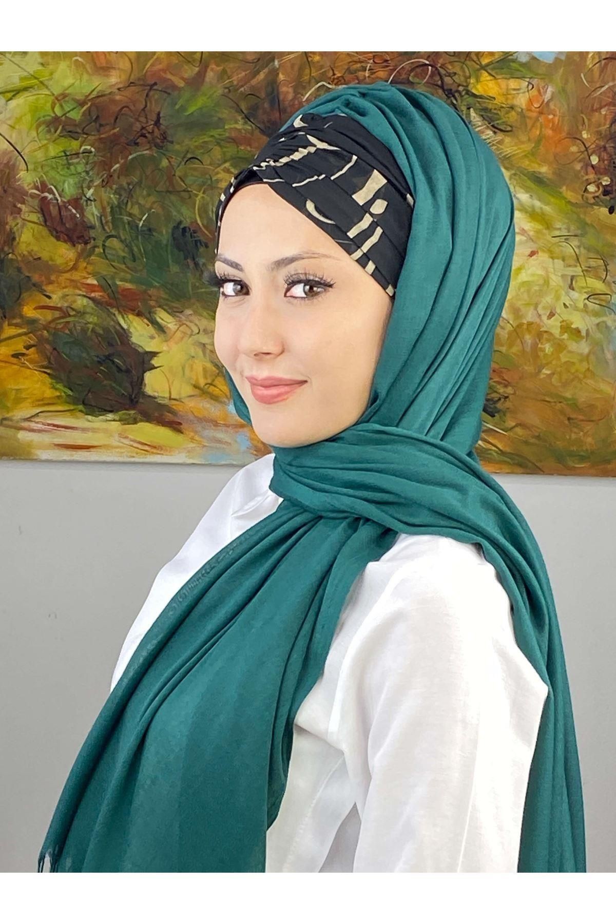 Vintage Desenli Zümrüt Yeşili Büzgülü Hazır Şal