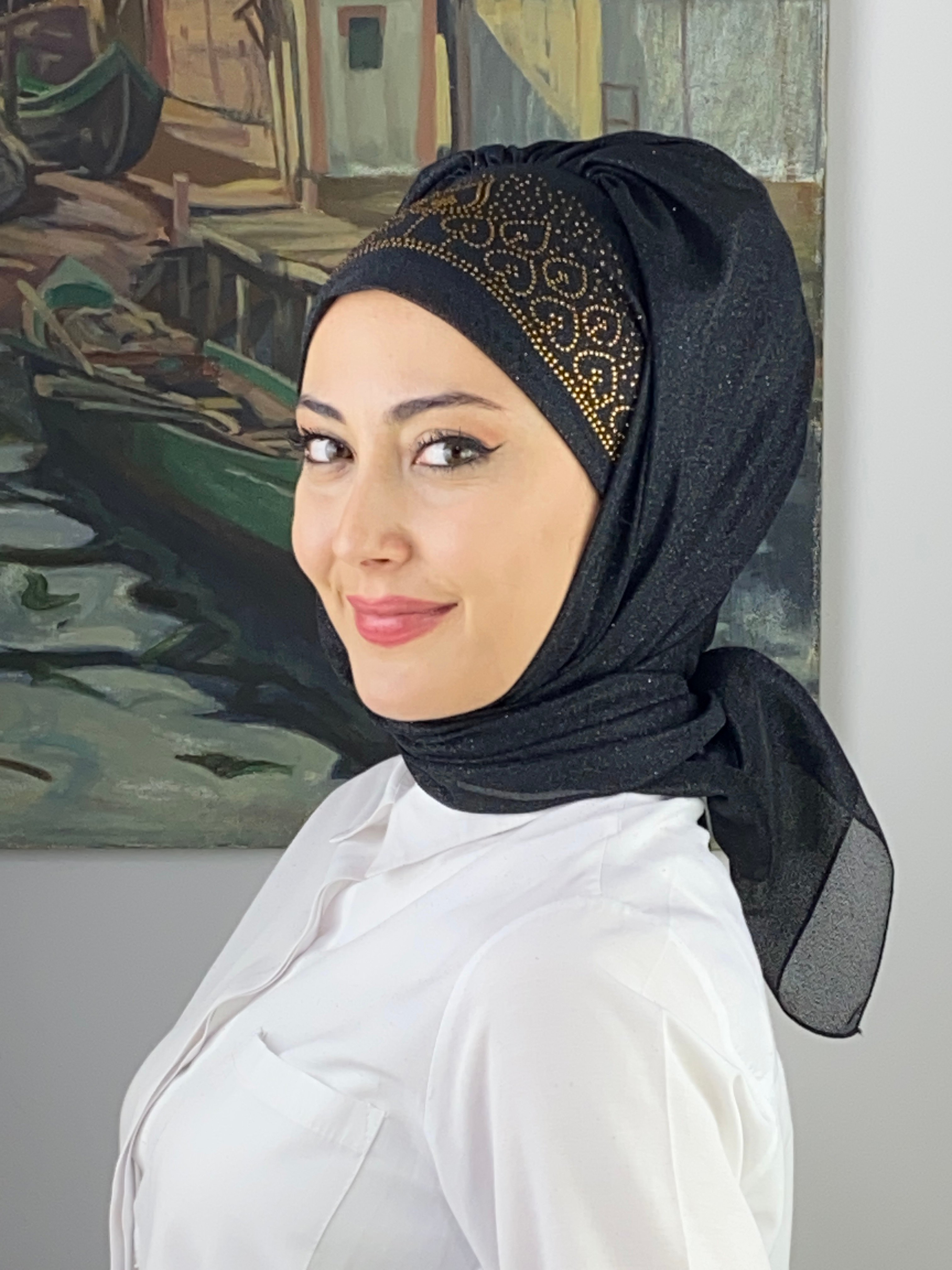 Prenses Model Gold Taşlı Simli Şifon Hazır Şal