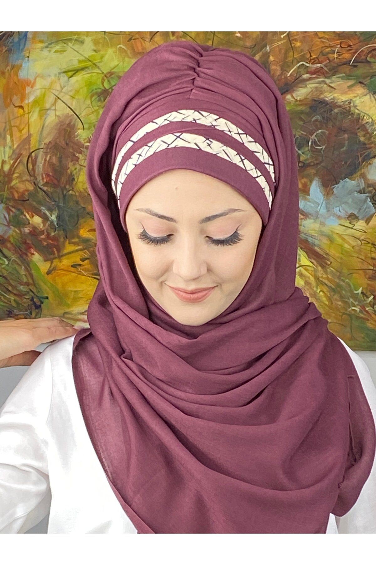 Topkapı Model Çapraz Drapeli Krem Şeritli Desen Hazır Şal