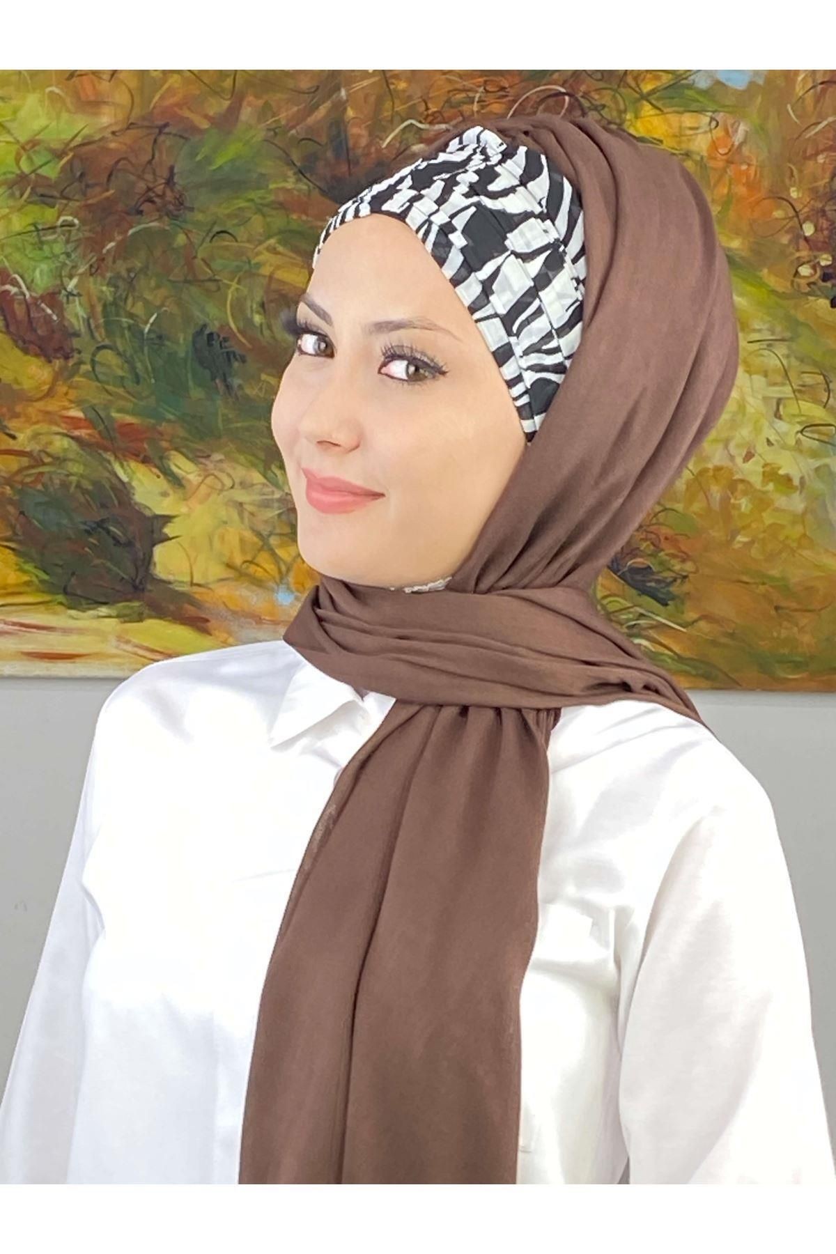 Zebra Desenli Sepya Büzgülü Hazır Şal