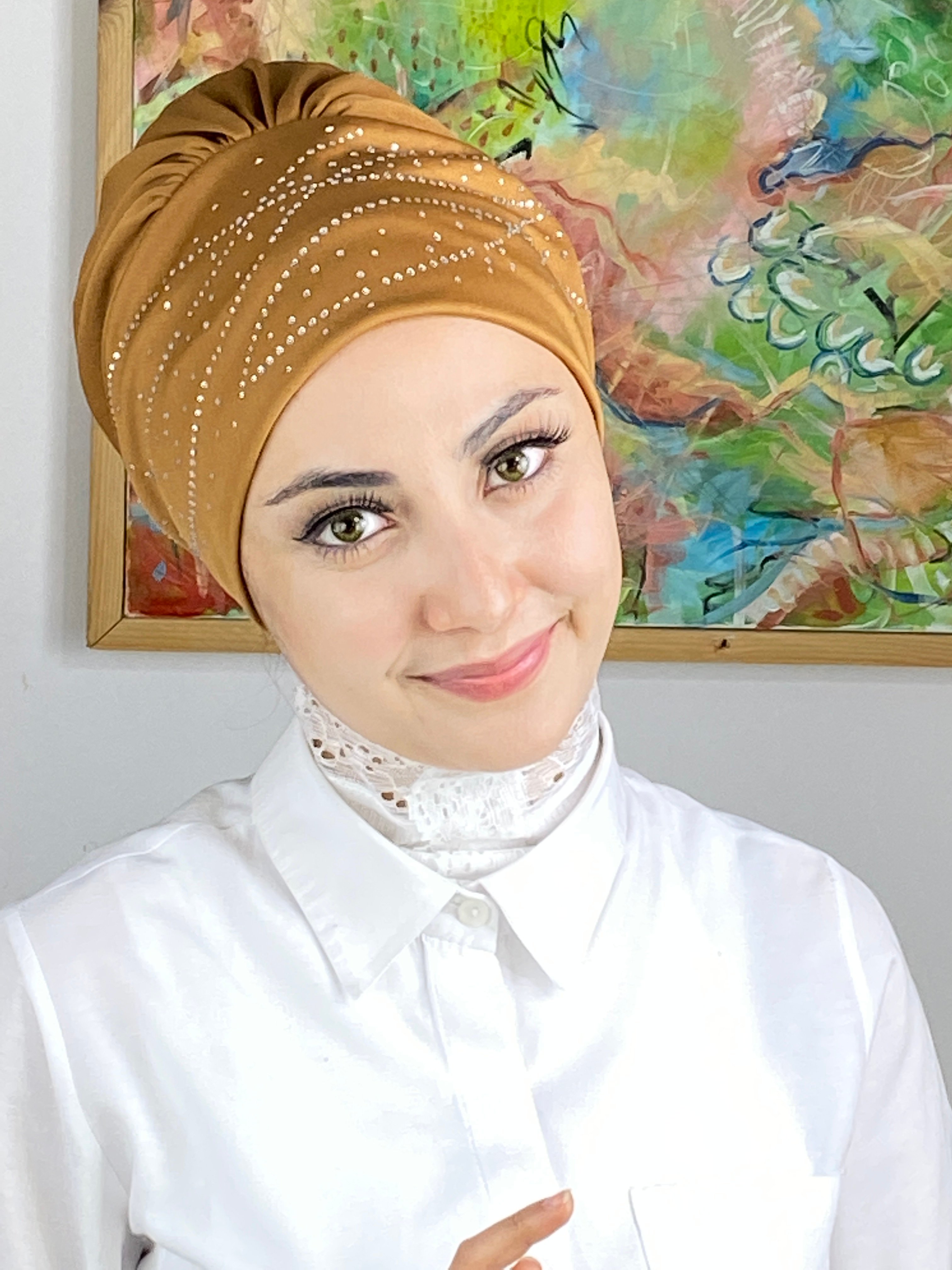 Firuze Model Taşlı Bone - hardal sarısı