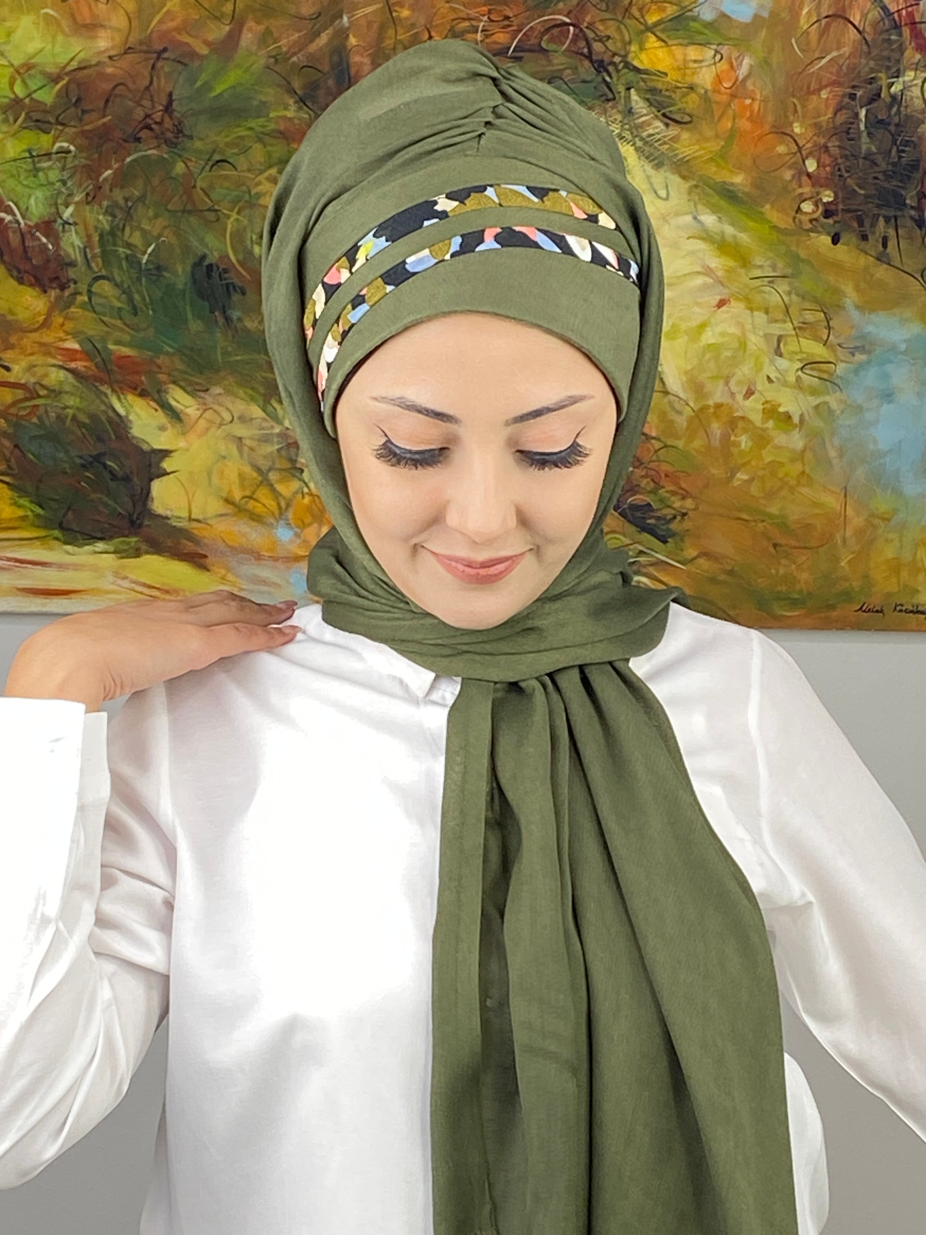 Saray Model Yeşil Çiçek Şeritli Yağ Yeşili Hazır Şal