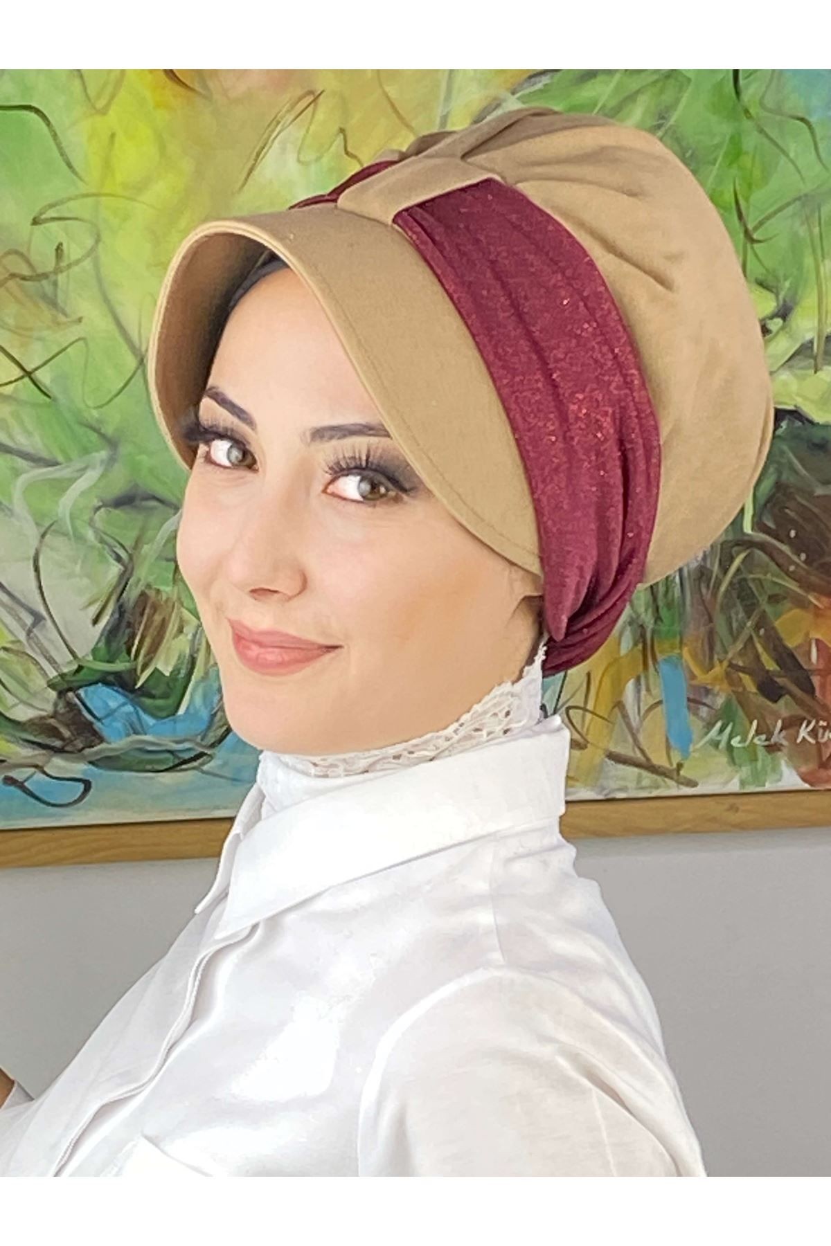 Cırtcırtlı Bordo Simli Şifon Fularlı Şapka