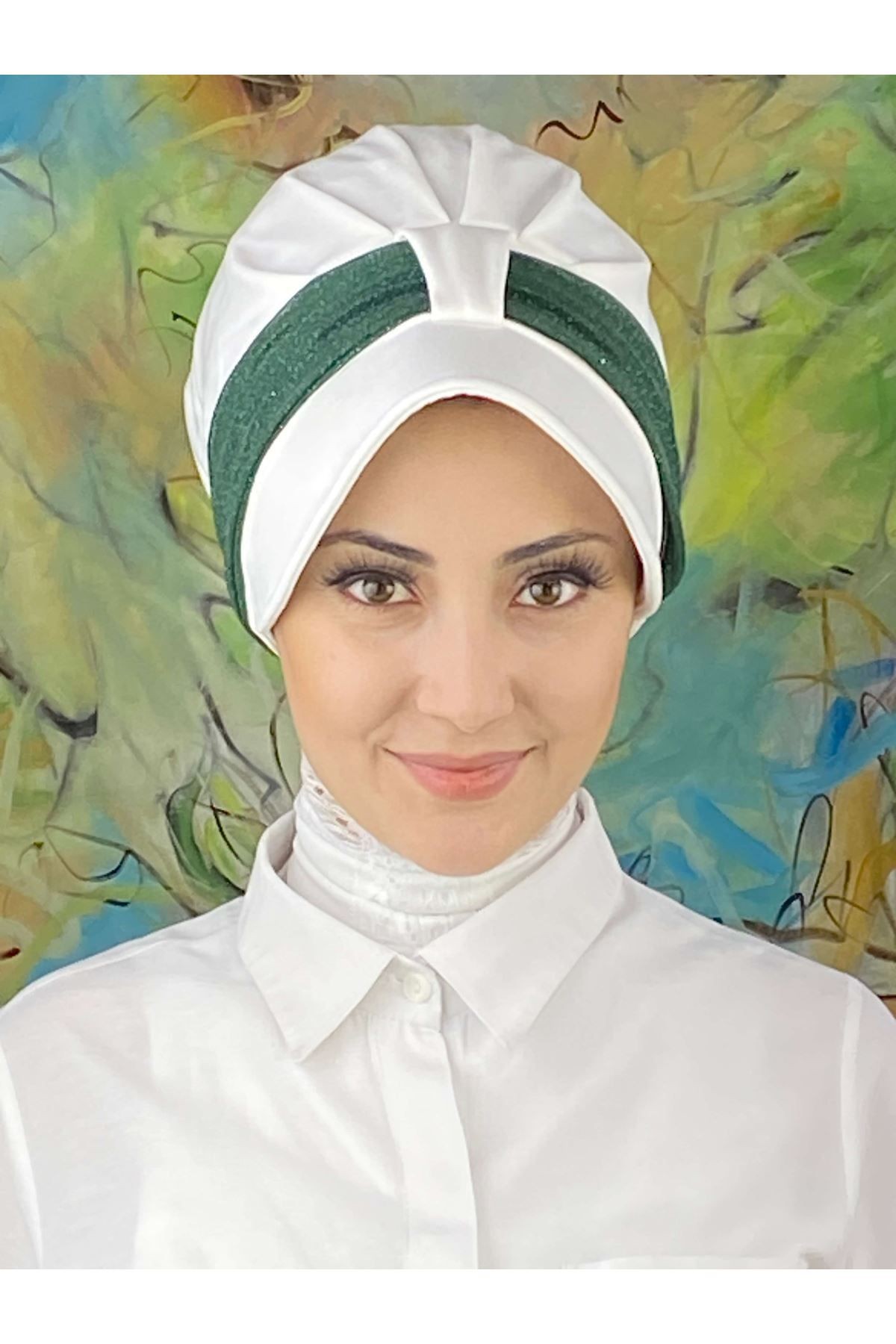 Cırtcırtlı Nane Yeşili Simli Şifon Fularlı Beyaz Şapka