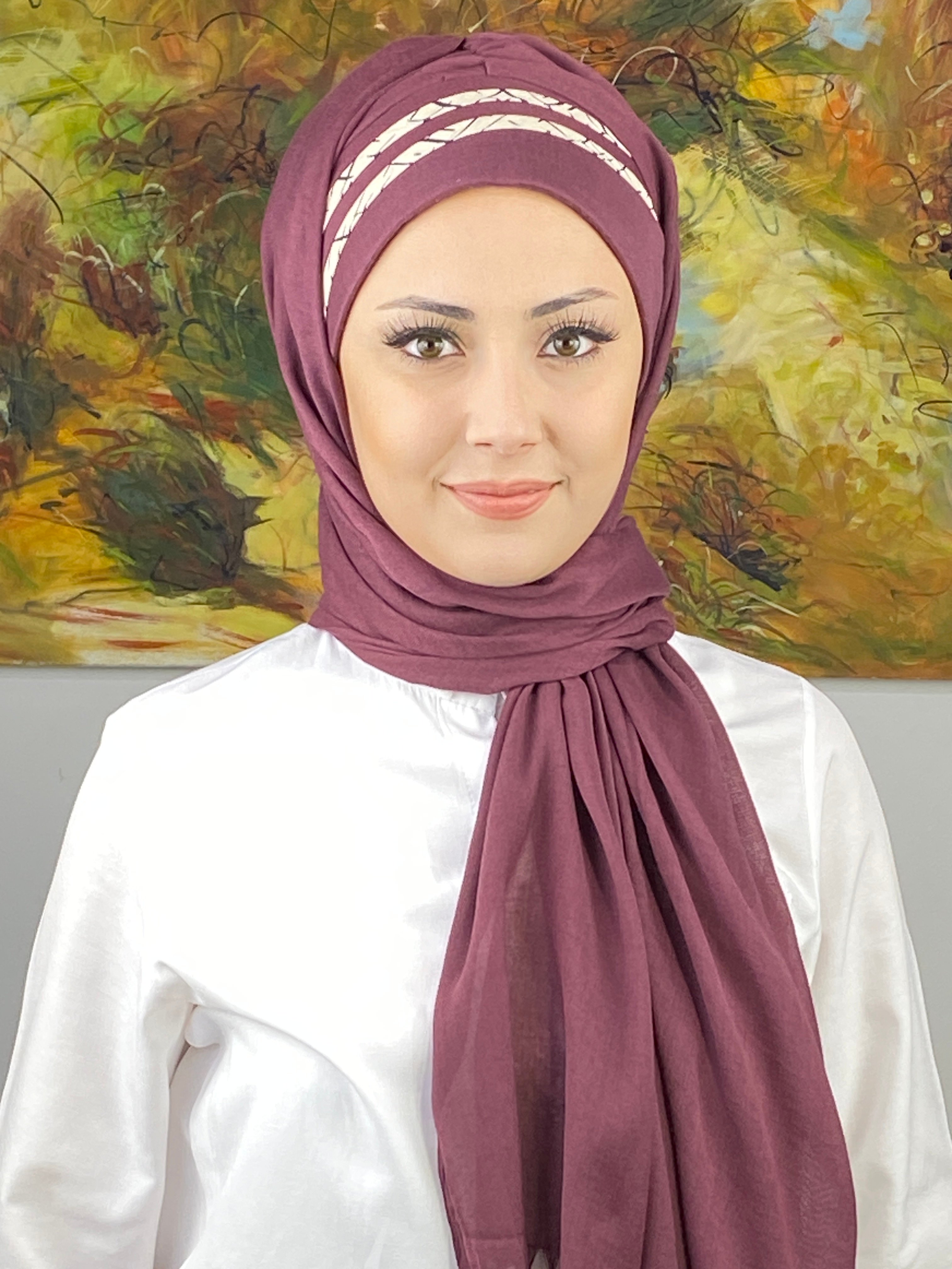 Saray Model Krem Şerit Desenli Açık Mürdüm Hazır Şal