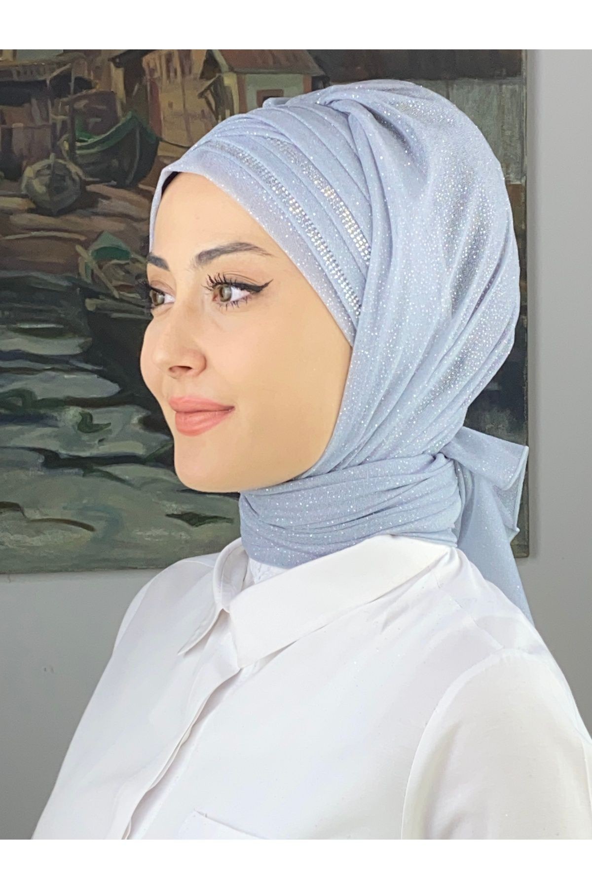 Gümüş Taşlı Drape Detaylı Simli Şal