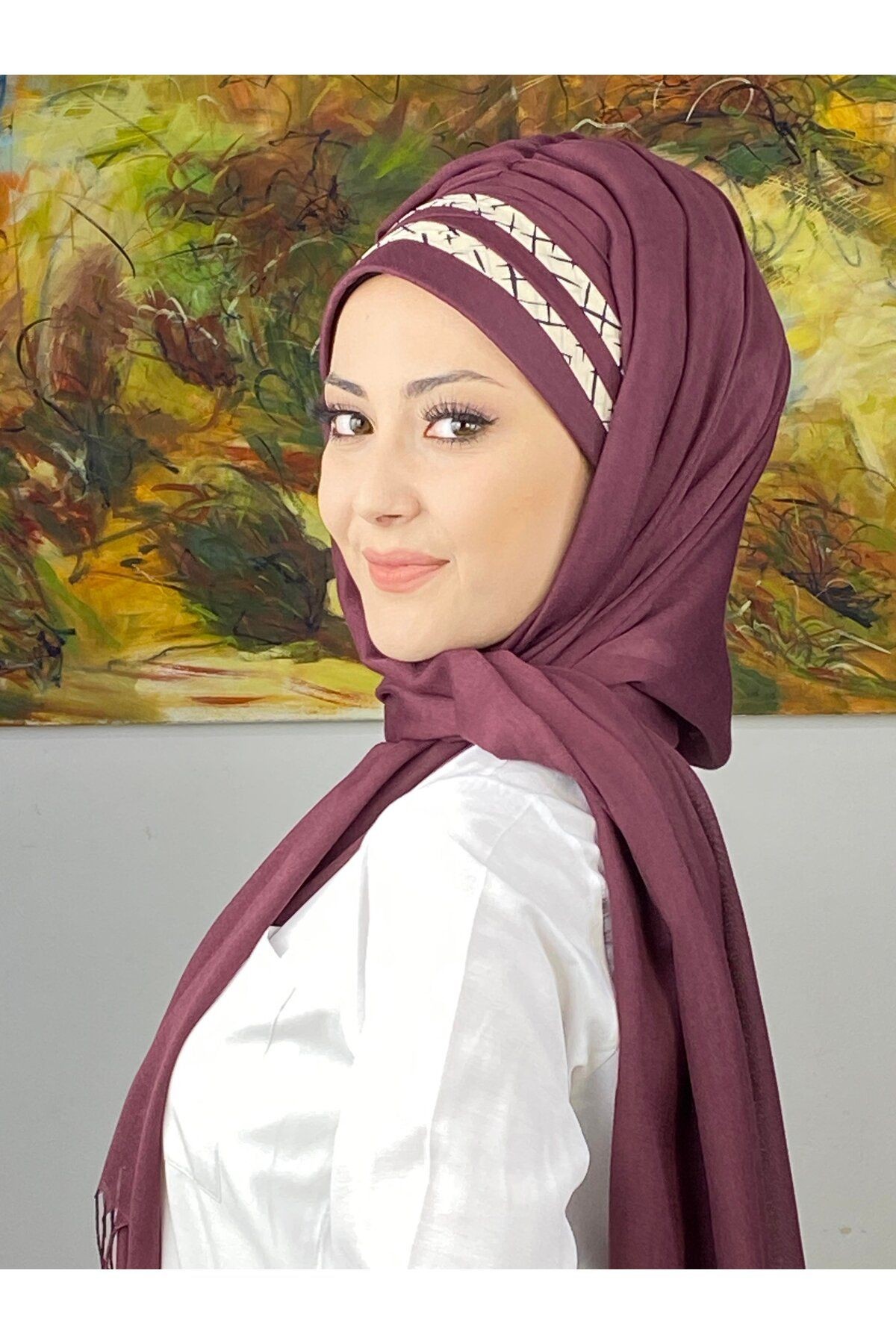 Topkapı Model Çapraz Drapeli Krem Şeritli Desen Hazır Şal
