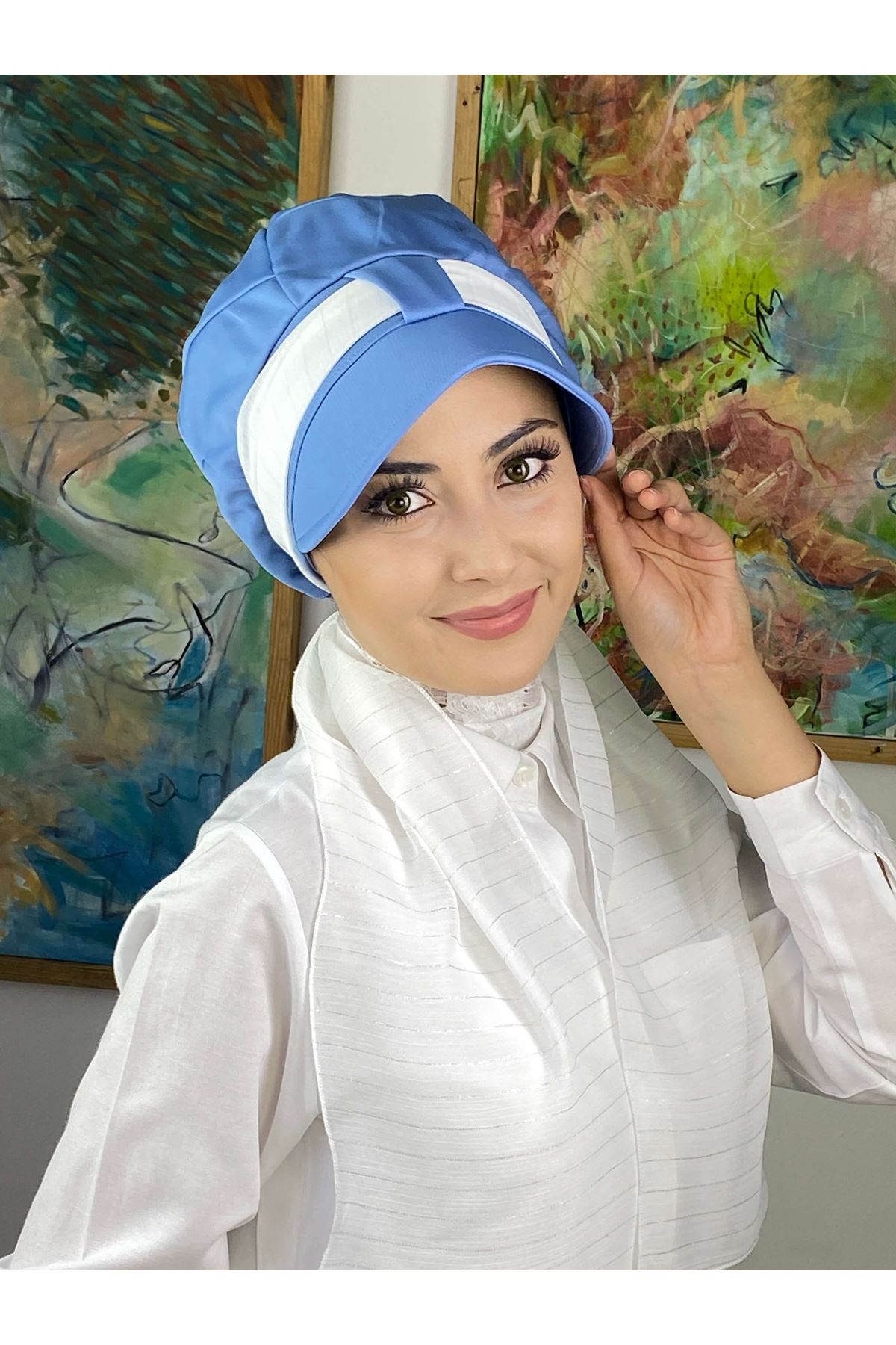 Şifon Fularlı Biritli Mavi Şapka