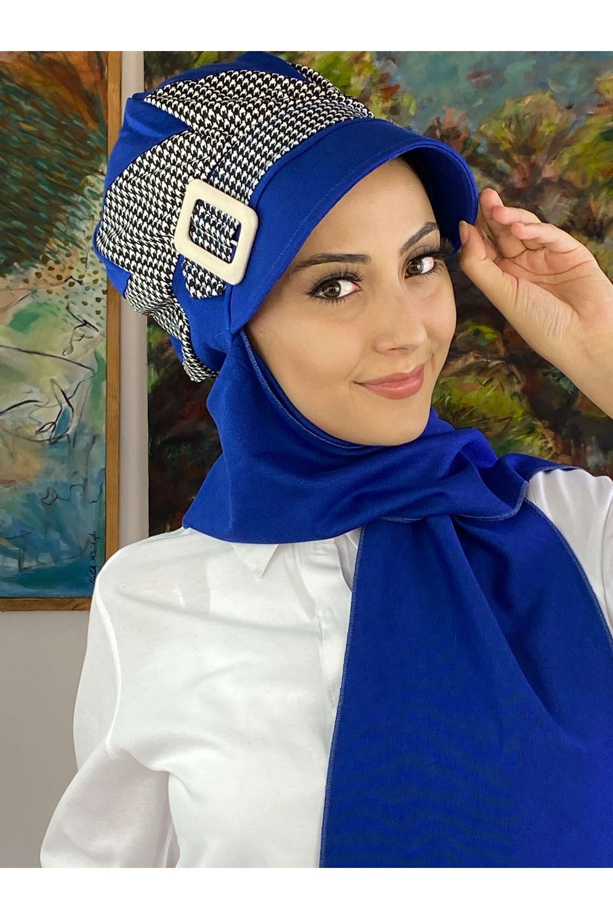 Kazayağı Saks Mavisi Tokalı Kemerli Şapka Şal