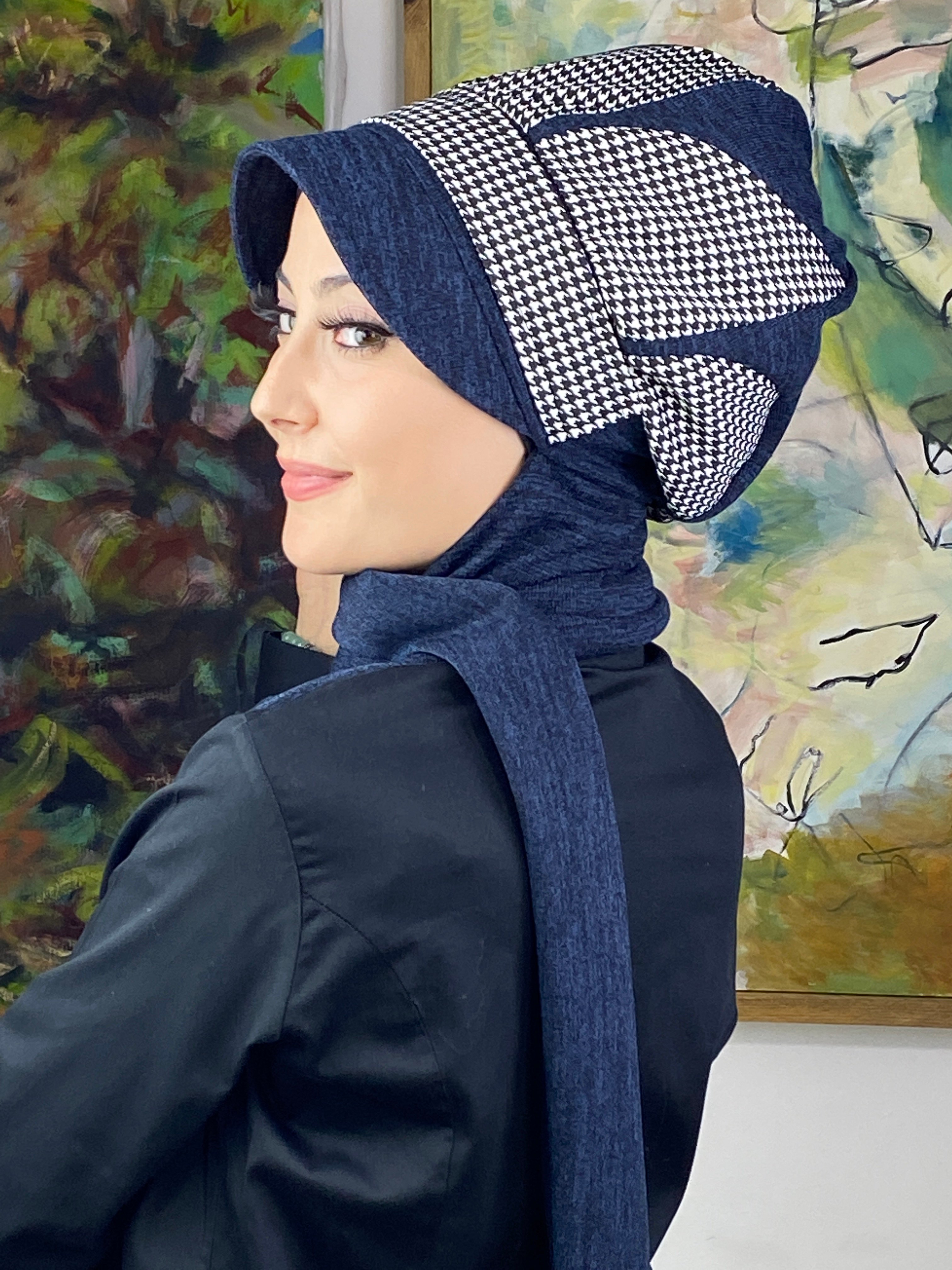 Damla Model Kazayağı Desenli Tesettür Şapka Şal