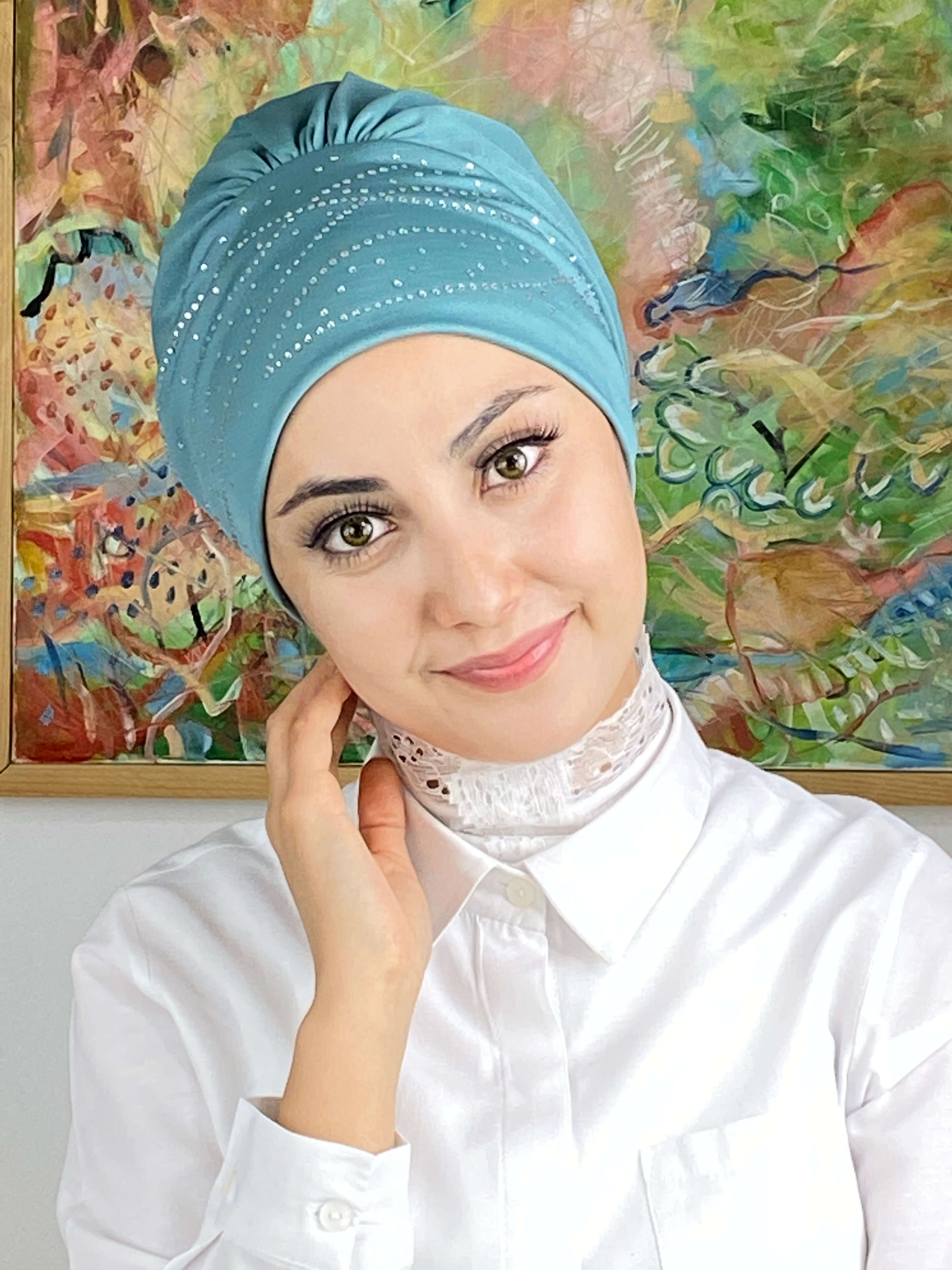 Firuze Model Taşlı Bone - su yeşili