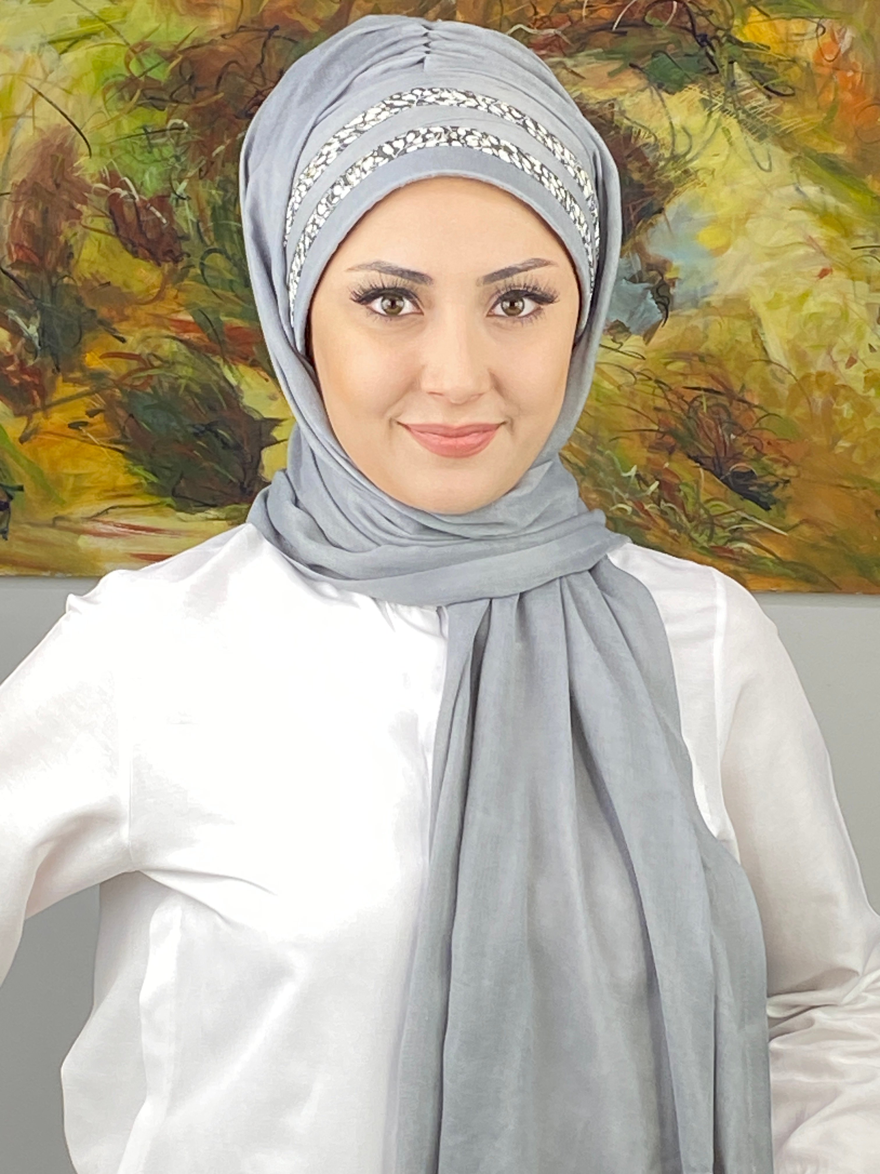 Topkapı Model Minik Çiçekli Desenli Şeritli Açık Gri Hazır Şal