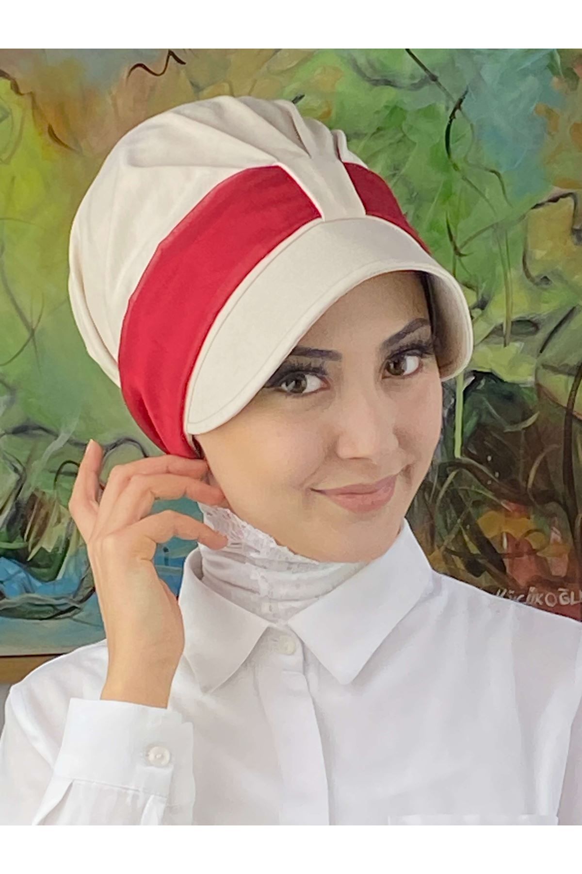 Cırtcırtlı Kırmızı Simli Şifon Fularlı Şapka
