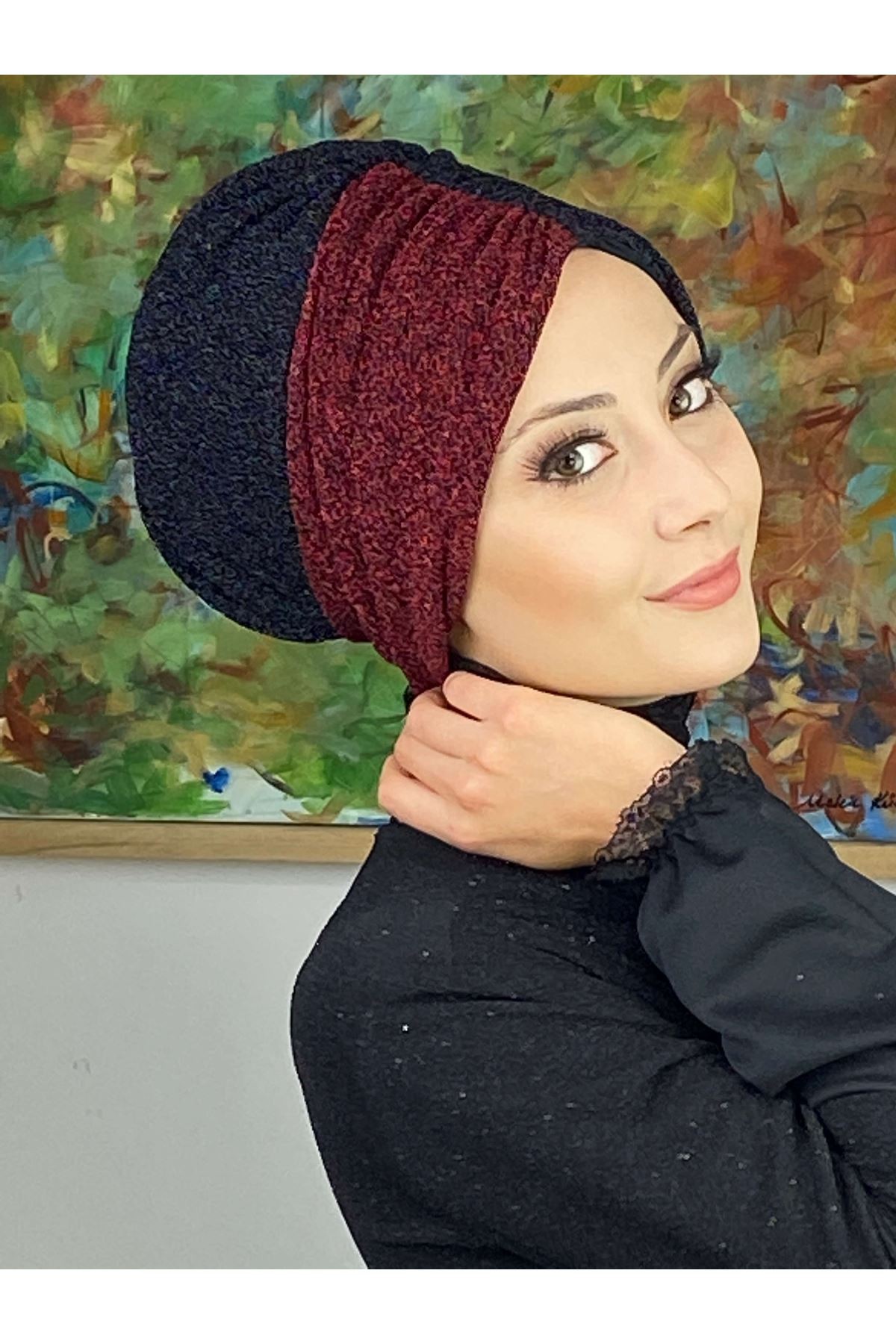 Sultan Model Siyah Bordo Çift Renkli Büzgülü Dış Bone