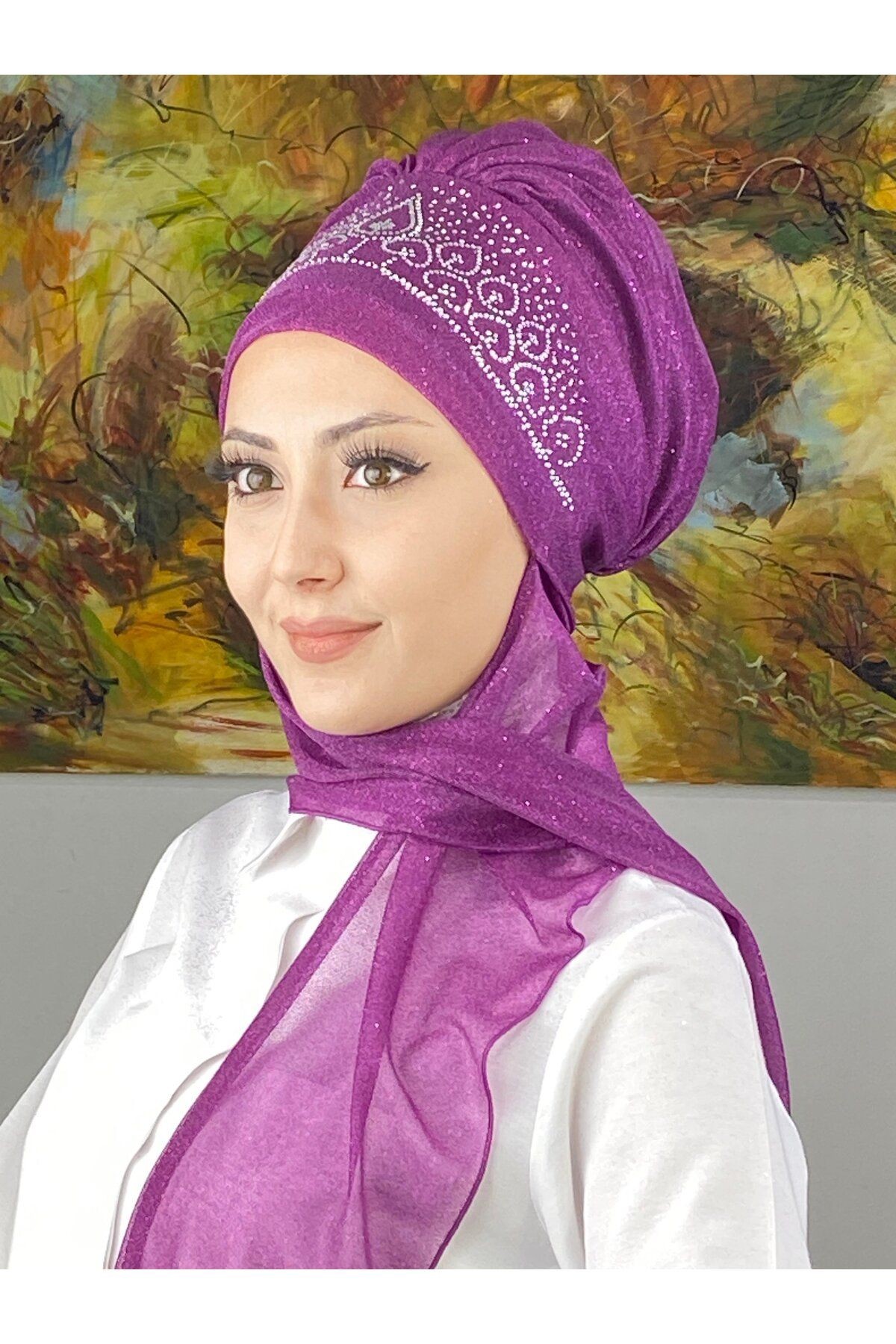 Vintage Model Taşlı Abiye Atkılı Bone Şal