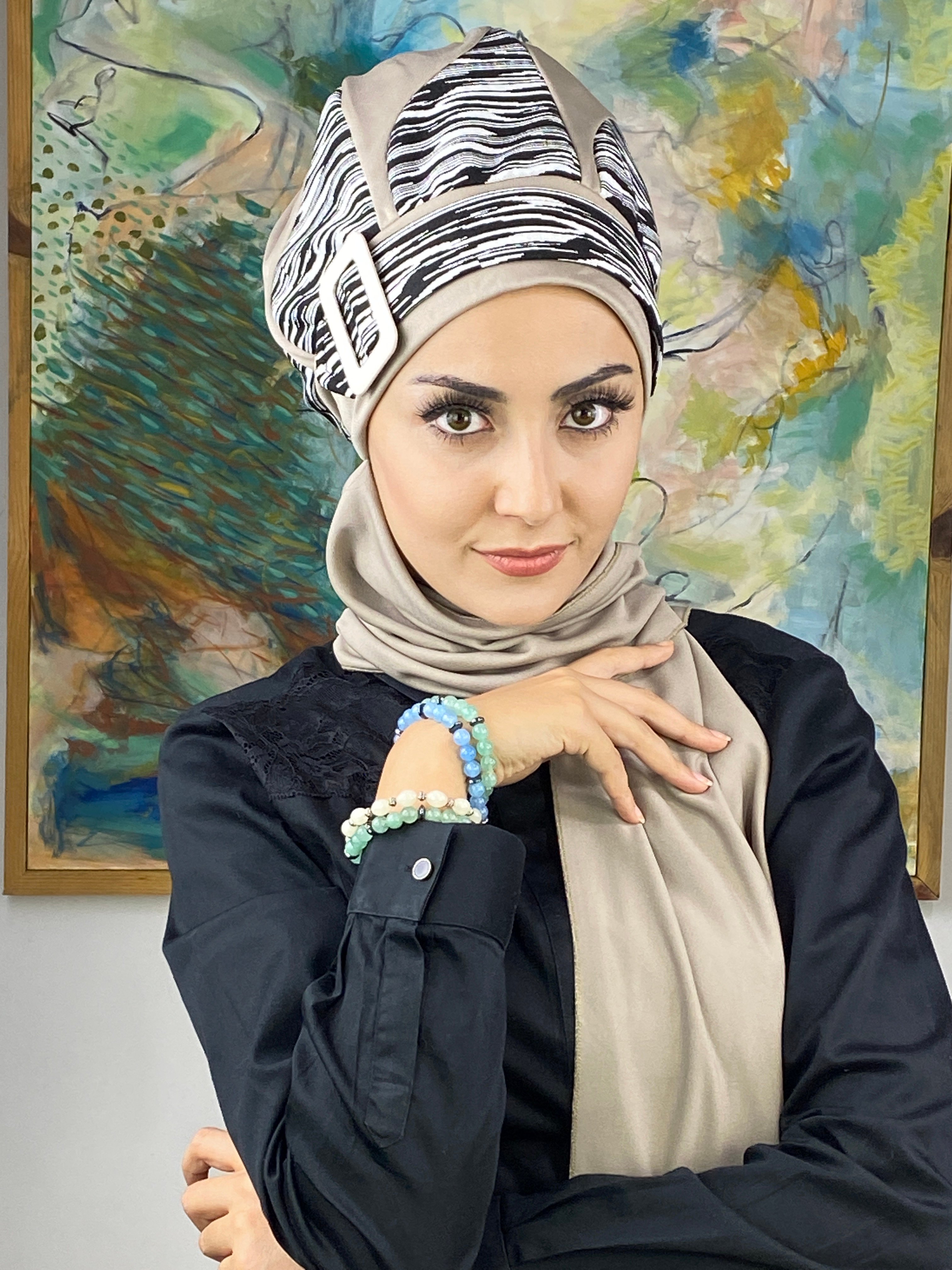 Damla Model Çizgili Tesettür Bere - taş