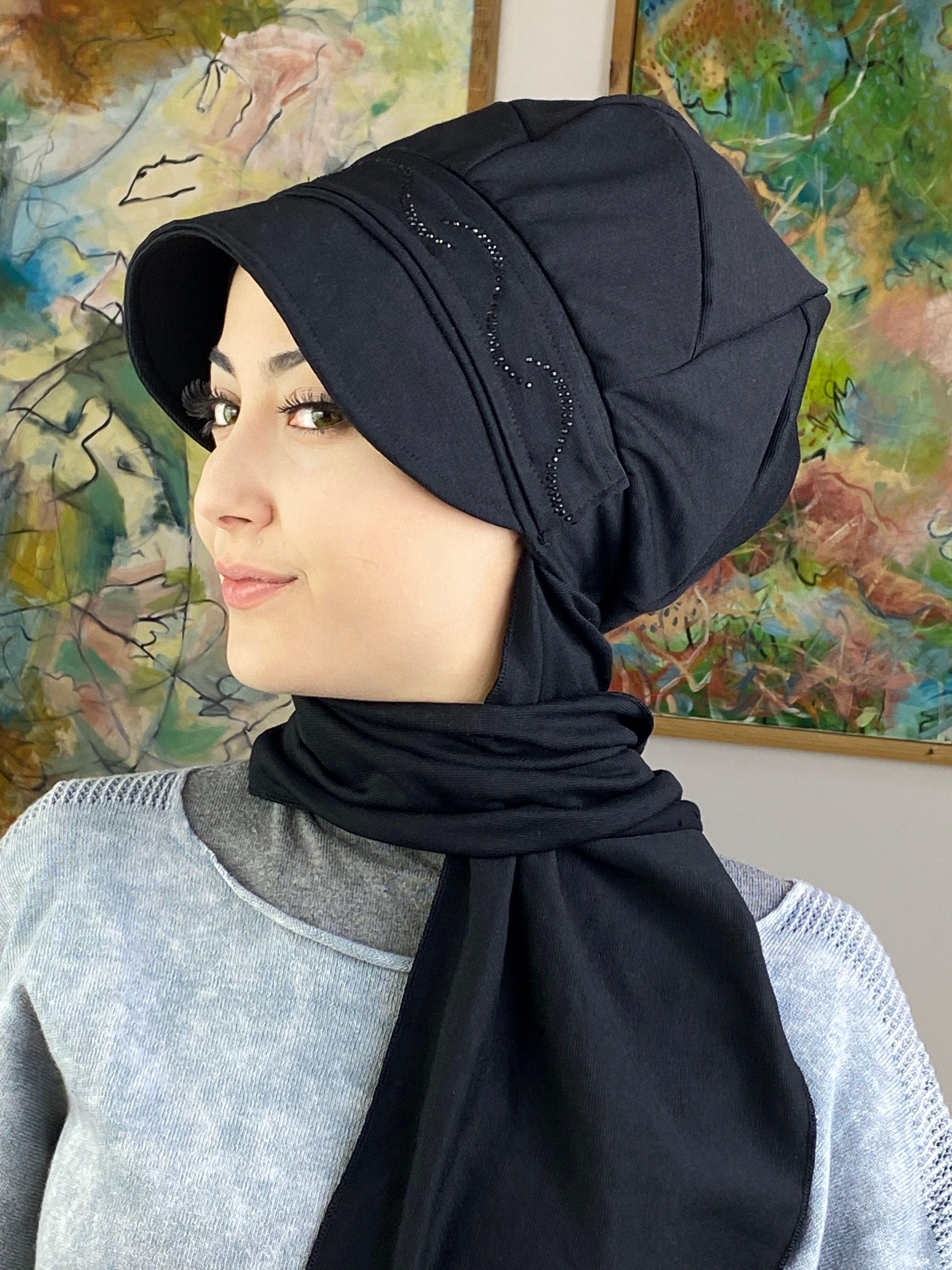 Toka Modelli Taşlı Şapka  - siyah - koyu taşlı