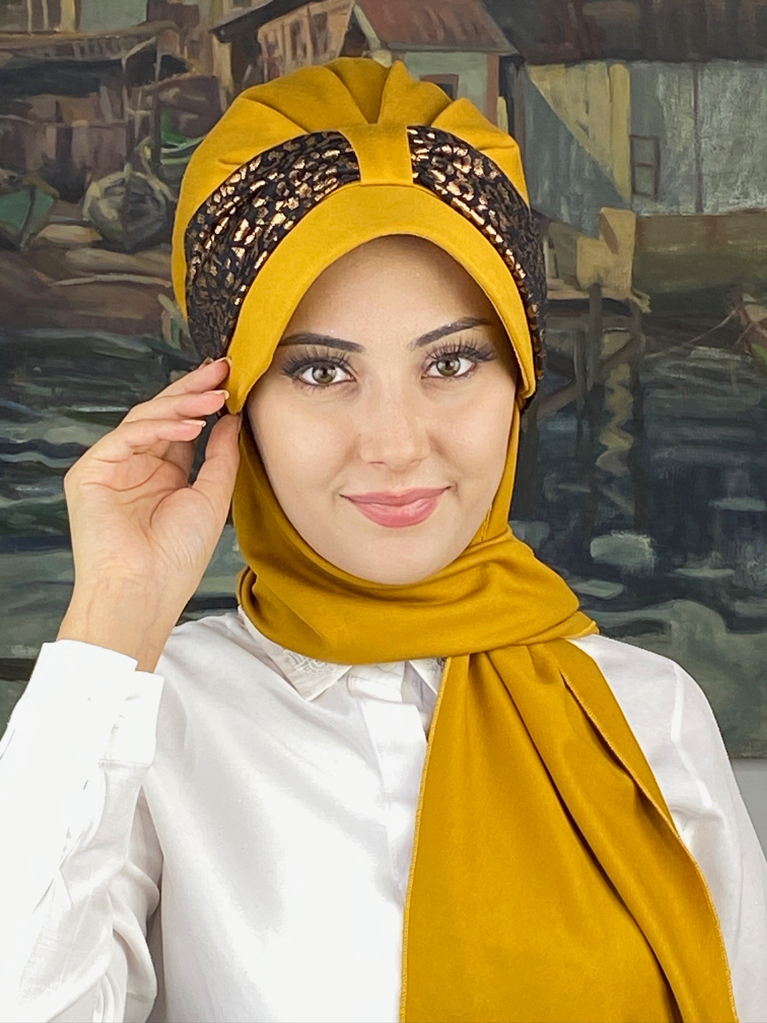 TEK BİRİTLİ HARDAL ŞAPKA ŞAL