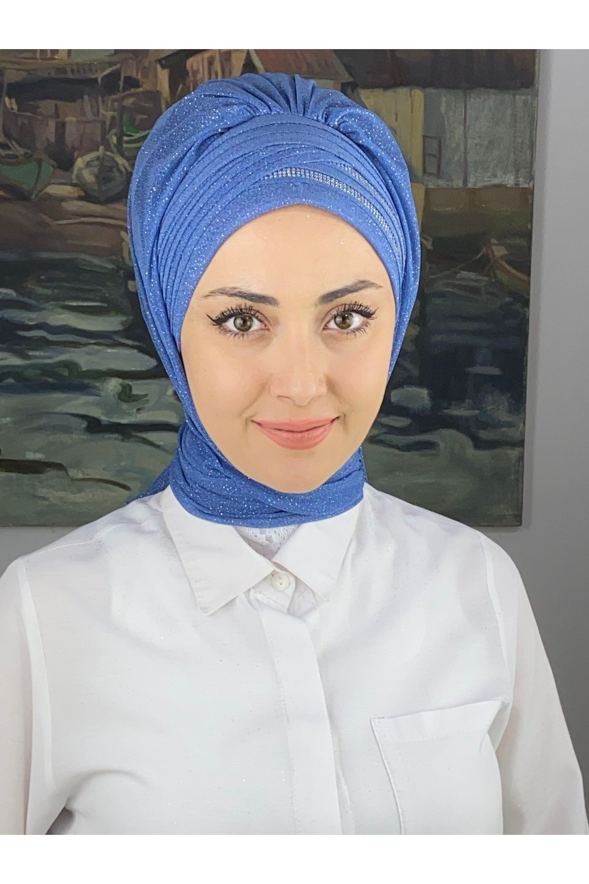 Gümüş Taşlı Drape Detaylı Simli Şal