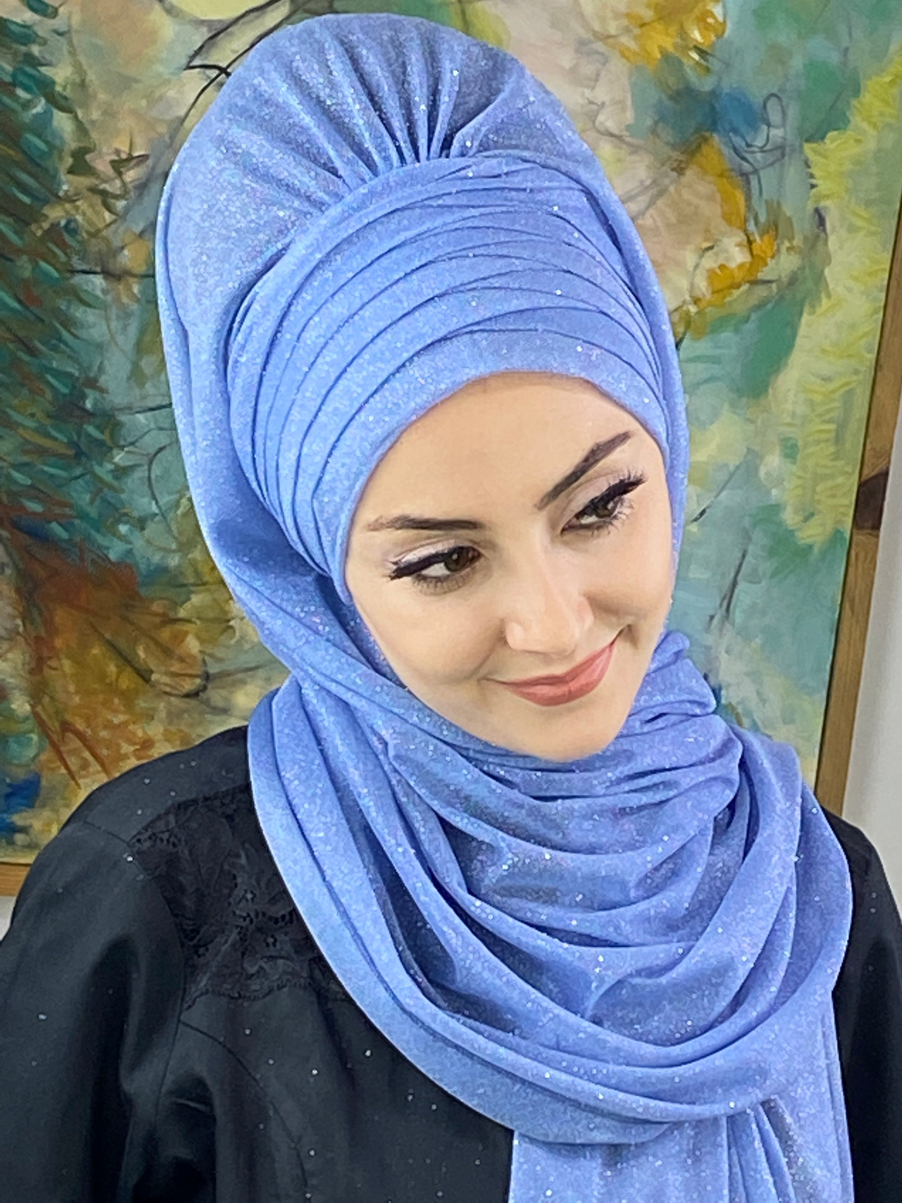 Simli Mavi Abiye Tesettür Şal