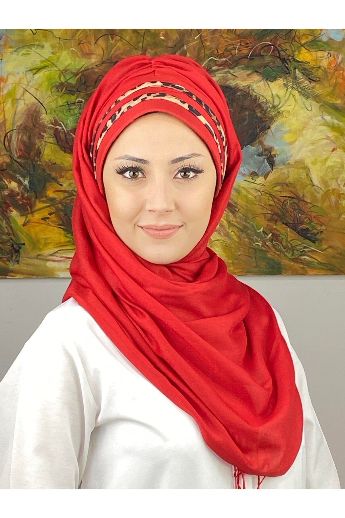 Topkapı Model Leopar Şerit Desenli Kırmızı Hazır Şal
