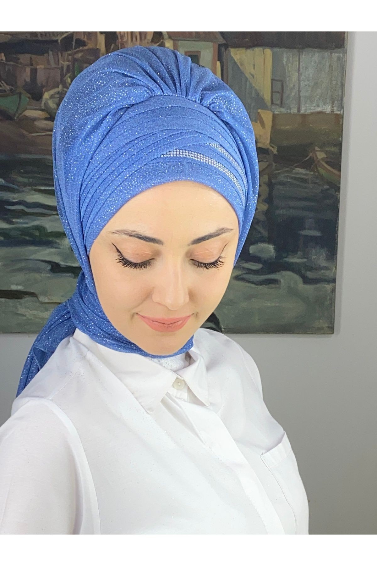 Gümüş Taşlı Drape Detaylı Simli Şal