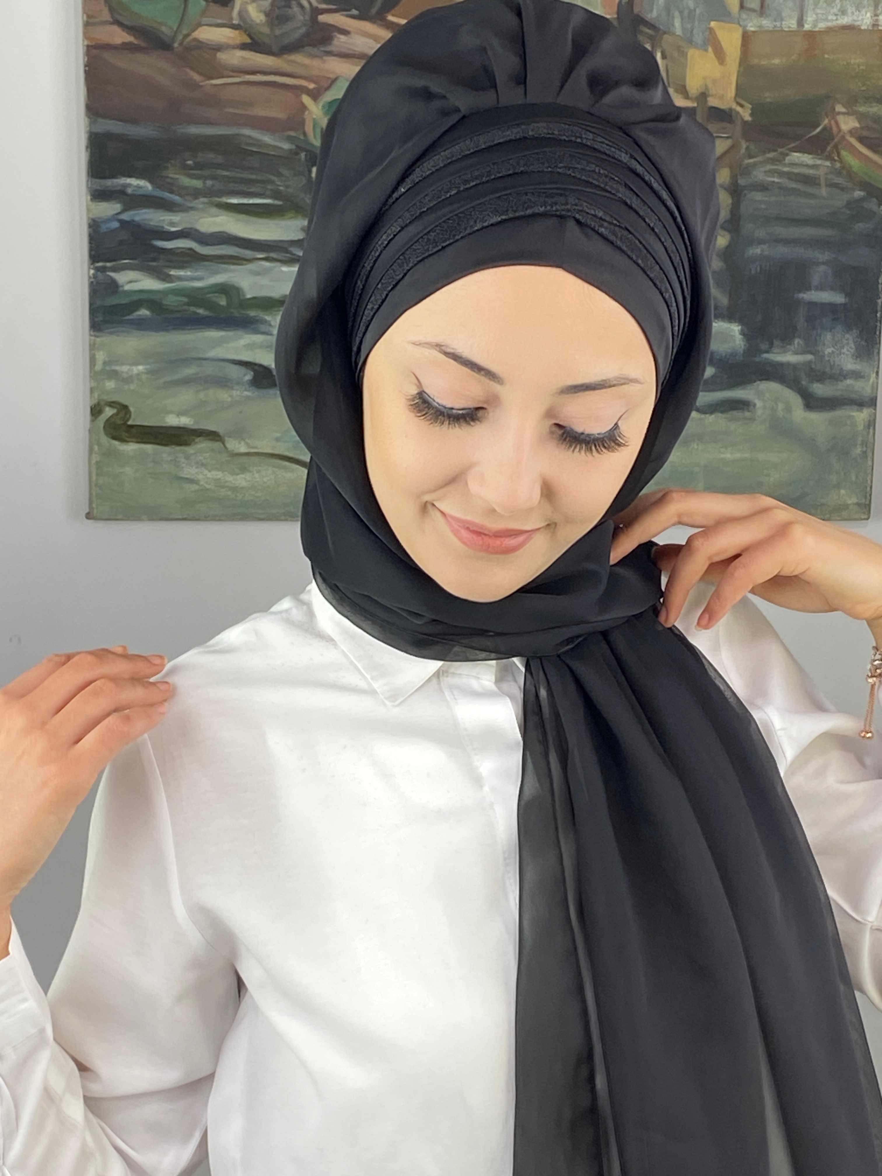 Topkapı Çapraz Drapeli Biritleri Simli Fransız Şifon Hazır Şal