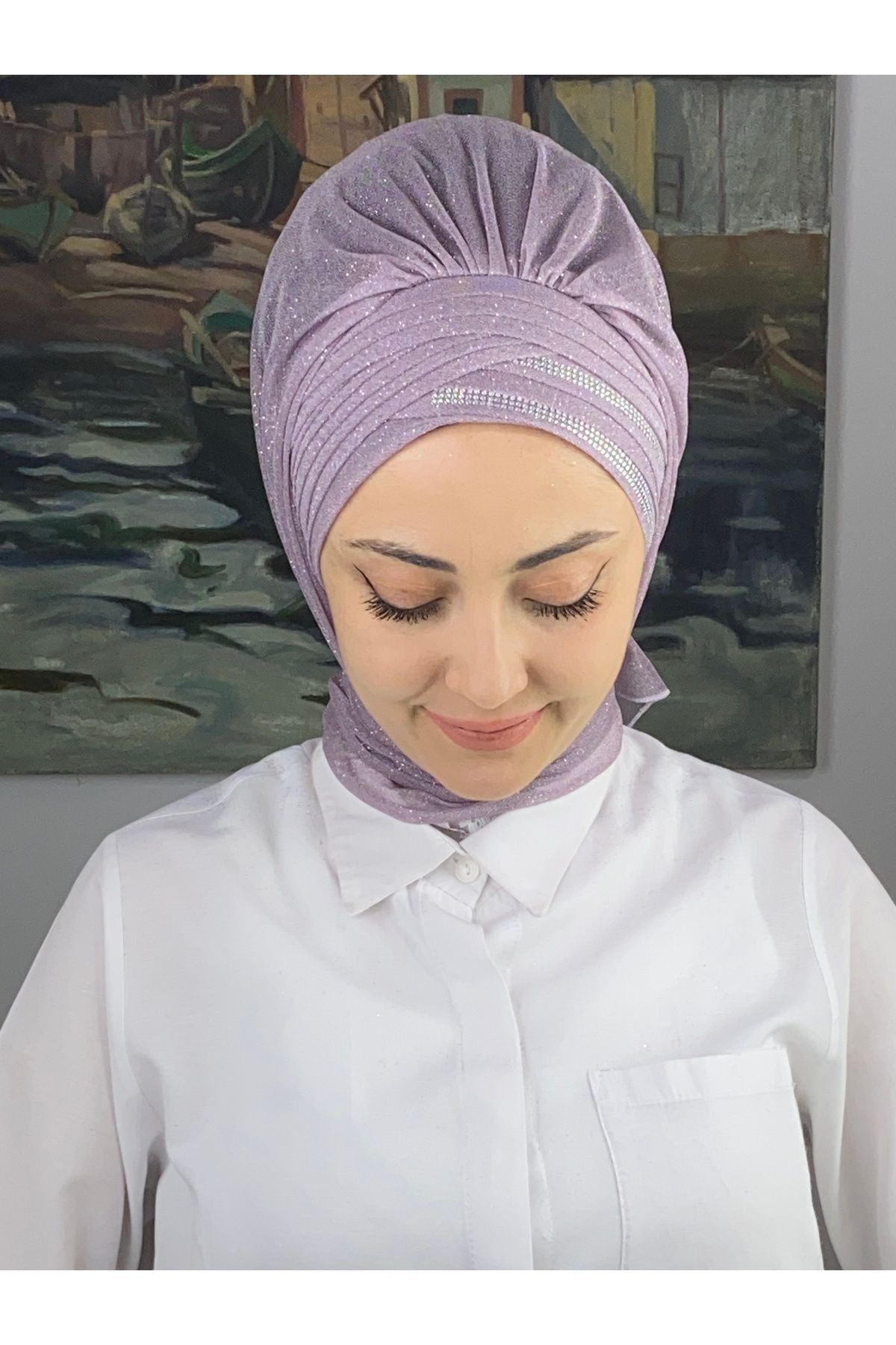 Gümüş Taşlı Drape Detaylı Simli Şal