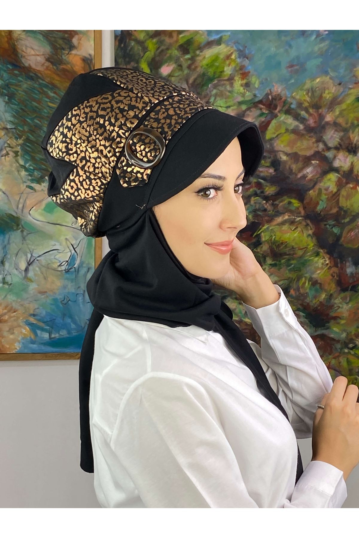 Bakır Leopar Desenli Tokalı Şapka Şal