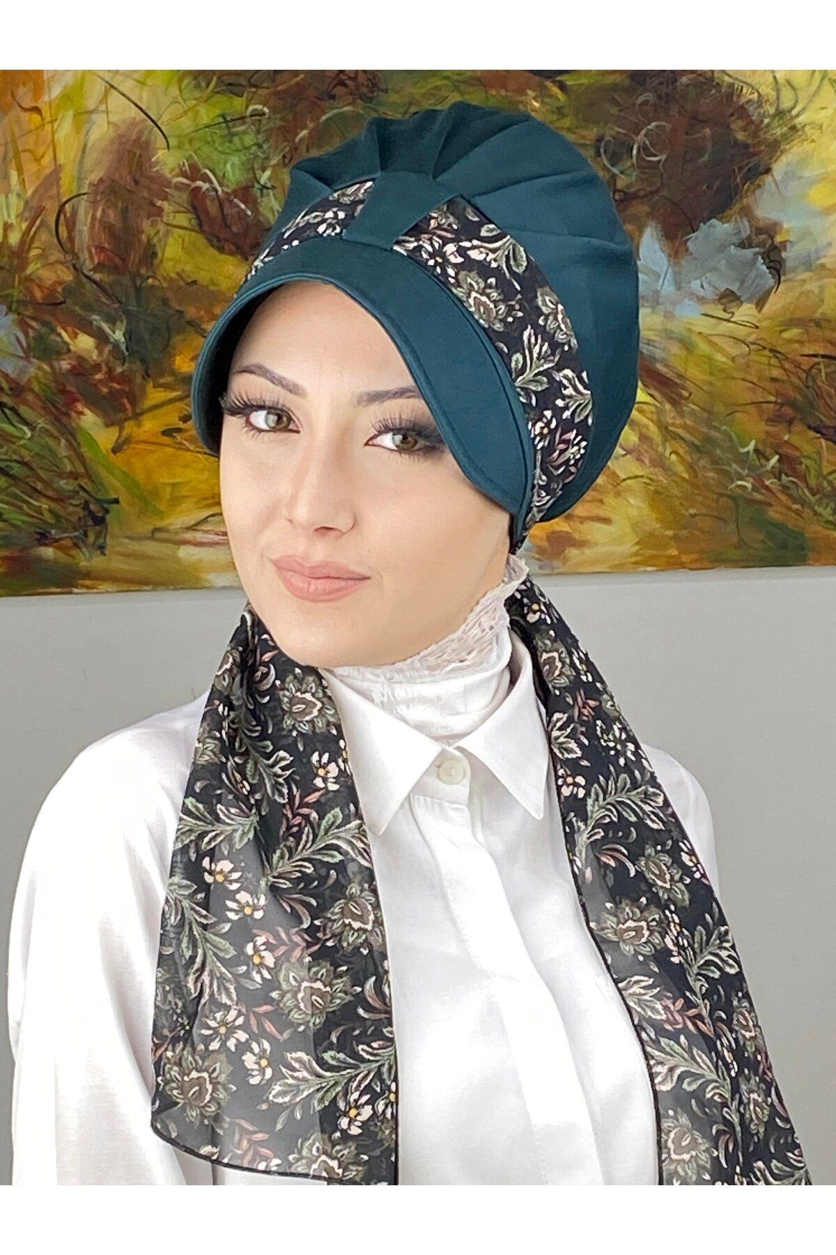 Floral Desenli Tek Biritli Fularlı Şapka