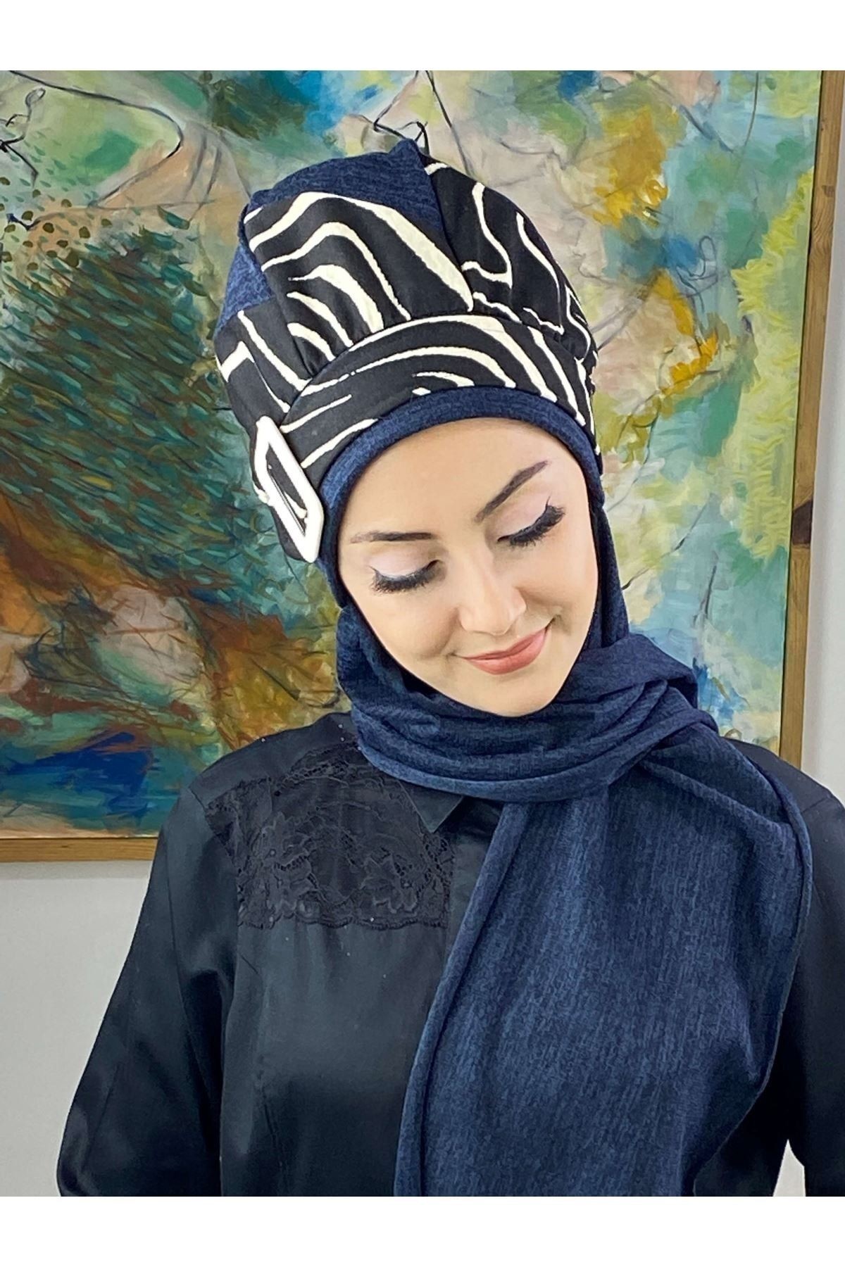 Çarkıfelek Lacivert Triko Zebra Desen Atkılı Tesettür Bere