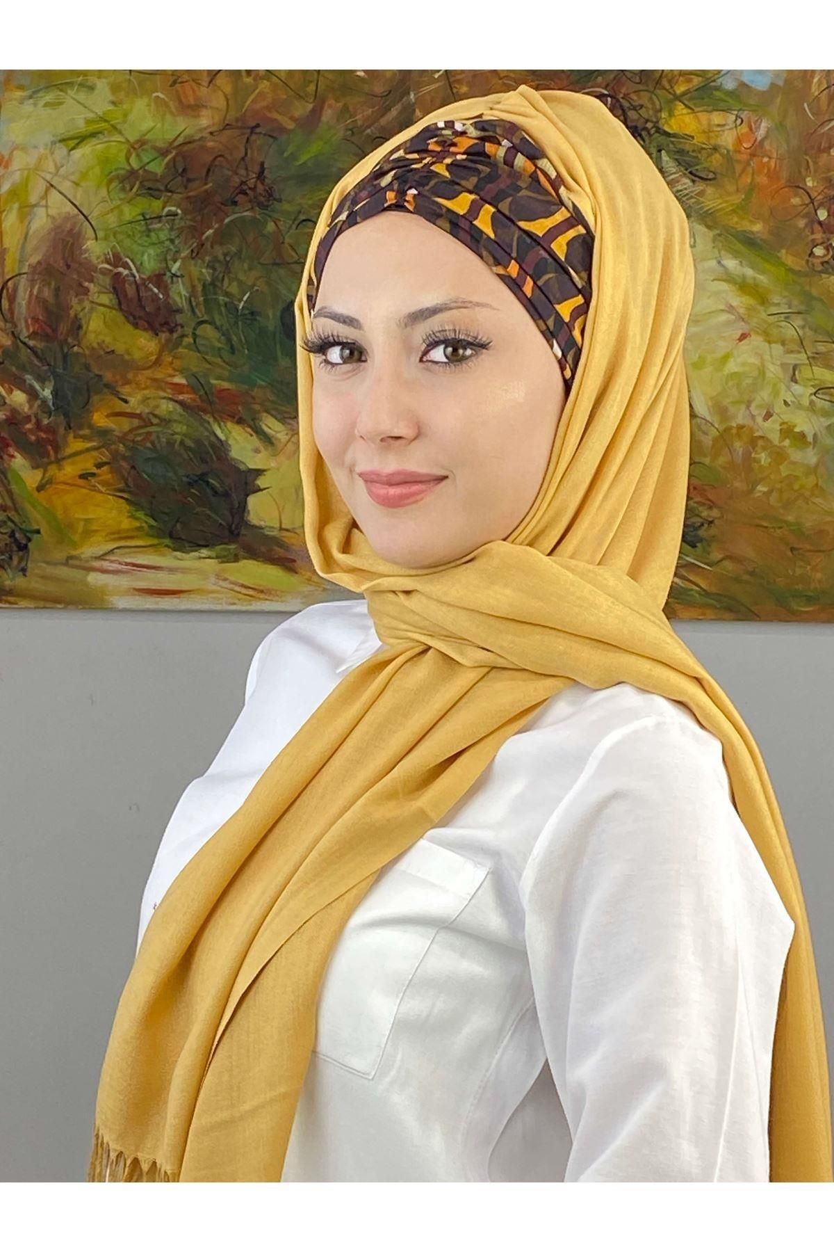 Geometrik Desenli Açık Hardal Büzgülü Hazır Şal