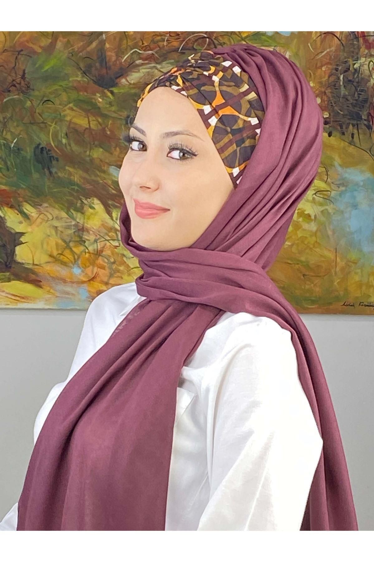 Geometrik Desenli Açık Mürdüm Büzgülü Hazır Şal