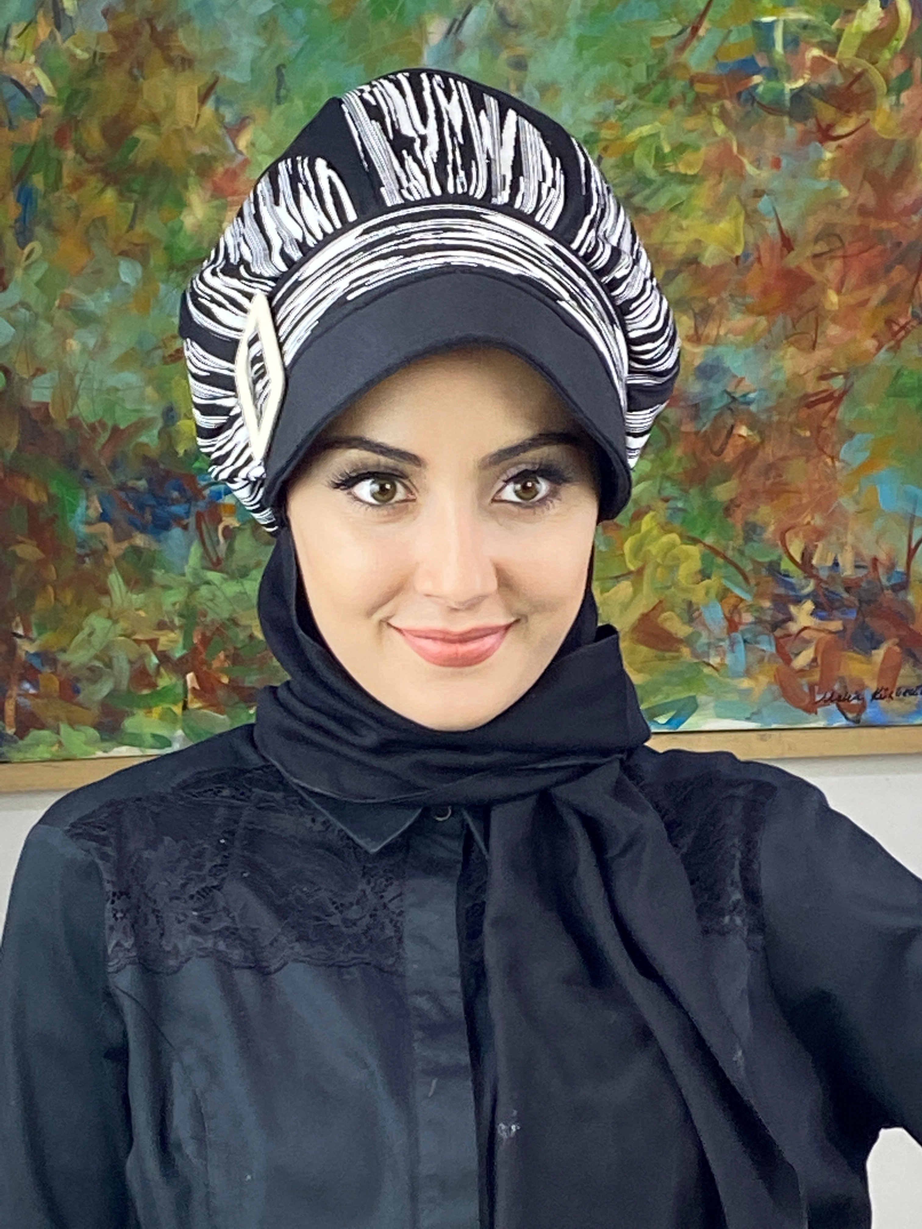 Damla Model Çizgili Haroşalı Tesettür Şapka Şal