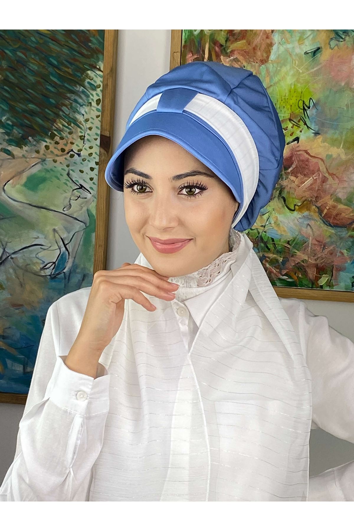 Şifon Fularlı Biritli Mavi Şapka