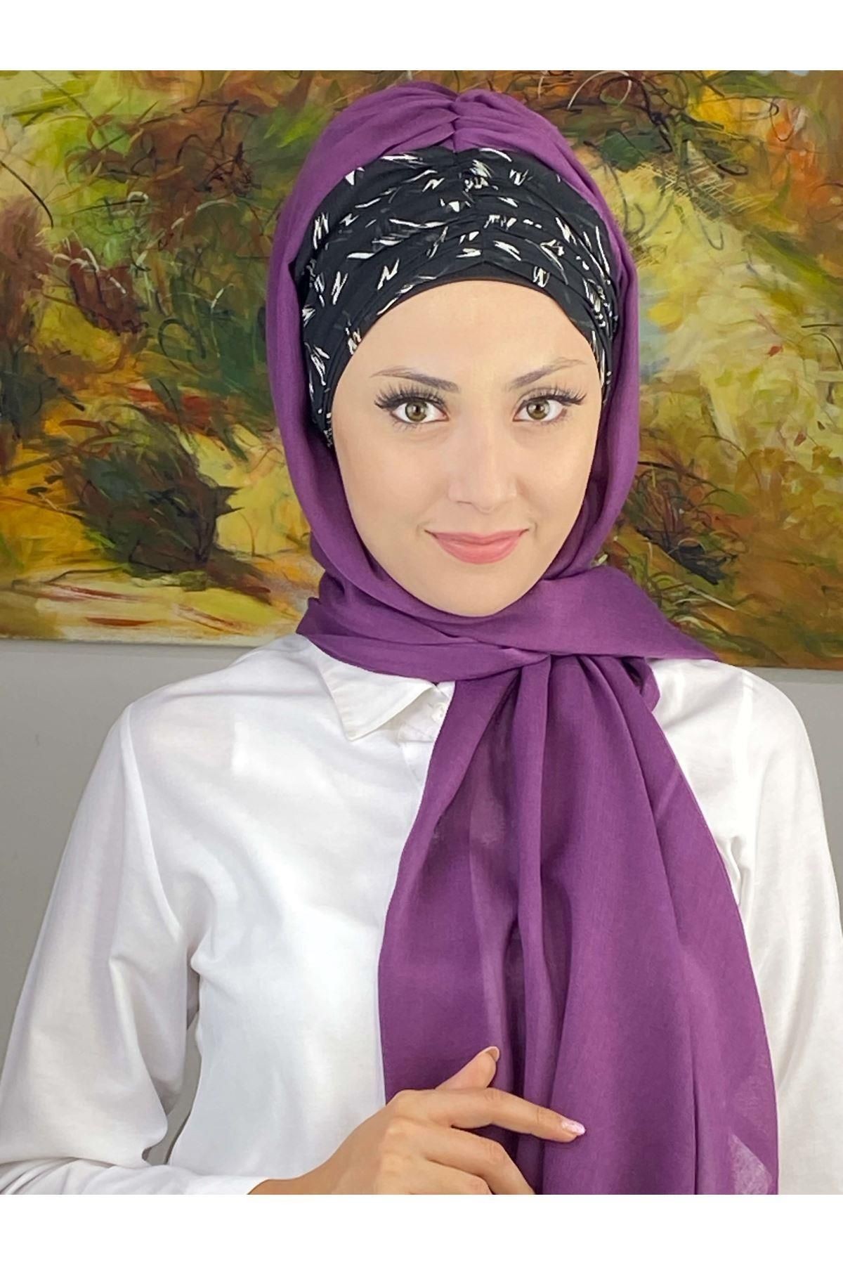 Siyah Beyaz Desenli Mor Büzgülü Hazır Şal
